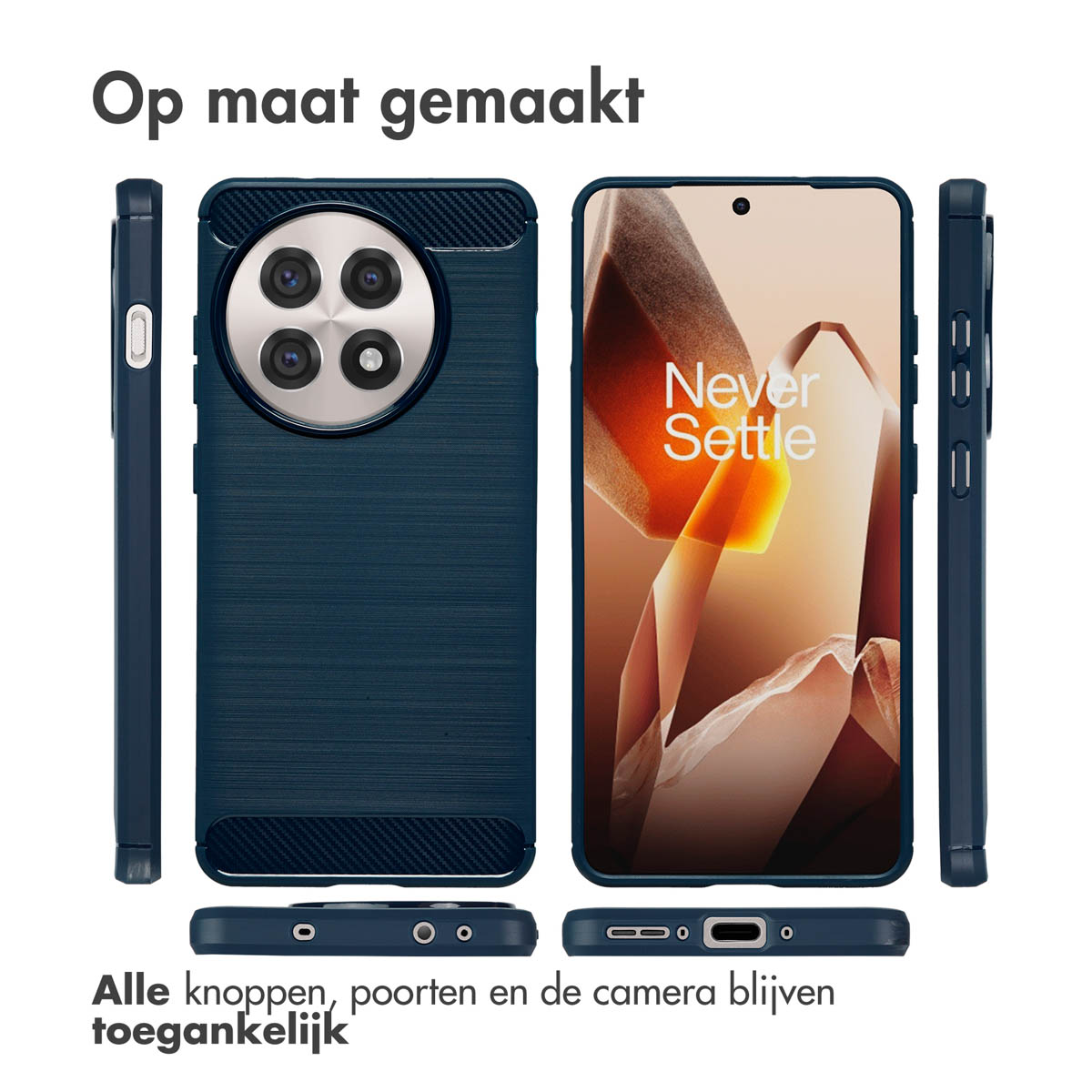 Múltiples vistas de una funda de teléfono, con un teléfono dentro. La funda es azul oscuro.