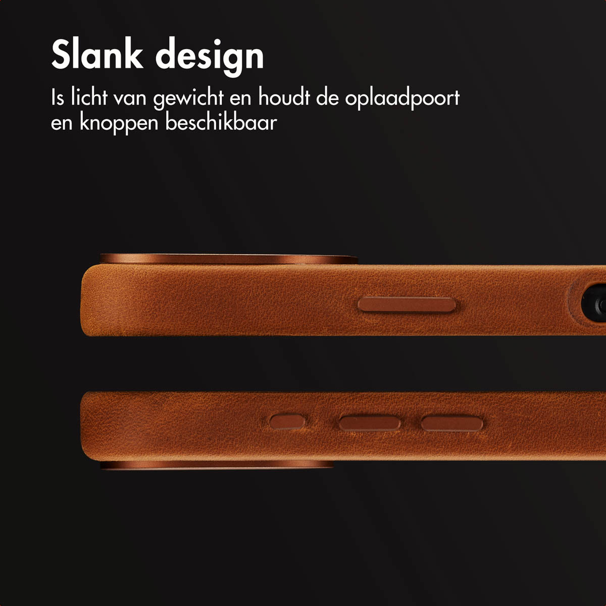 Un étui de téléphone marron avec des détails de boutons sur le côté. Il est sur un fond sombre.