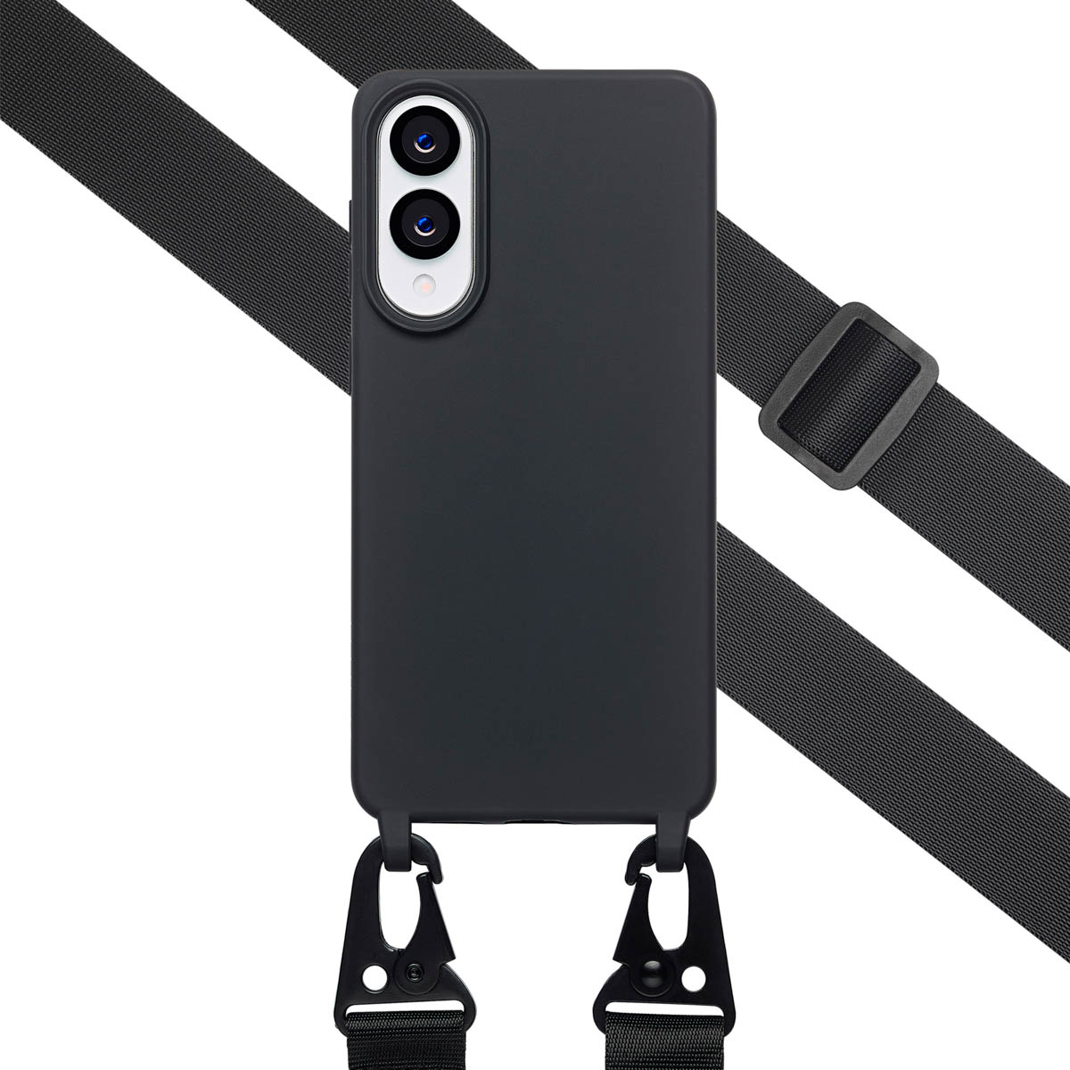 Een zwarte telefoonhoes met een riem. De riem loopt diagonaal. De telefoon staat in het midden.
