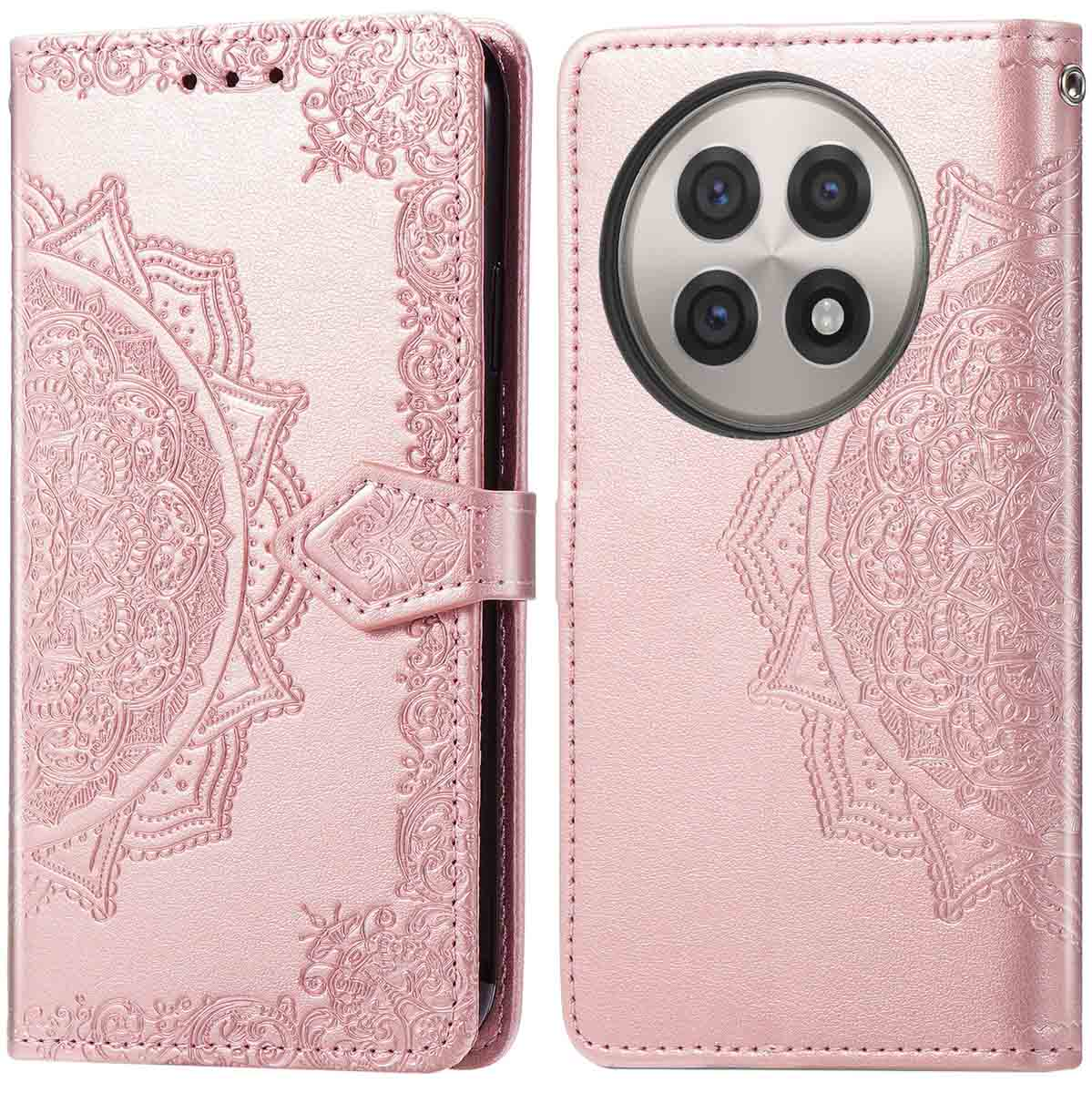 Roze telefoonhoes met mandala-ontwerp, open en dicht.