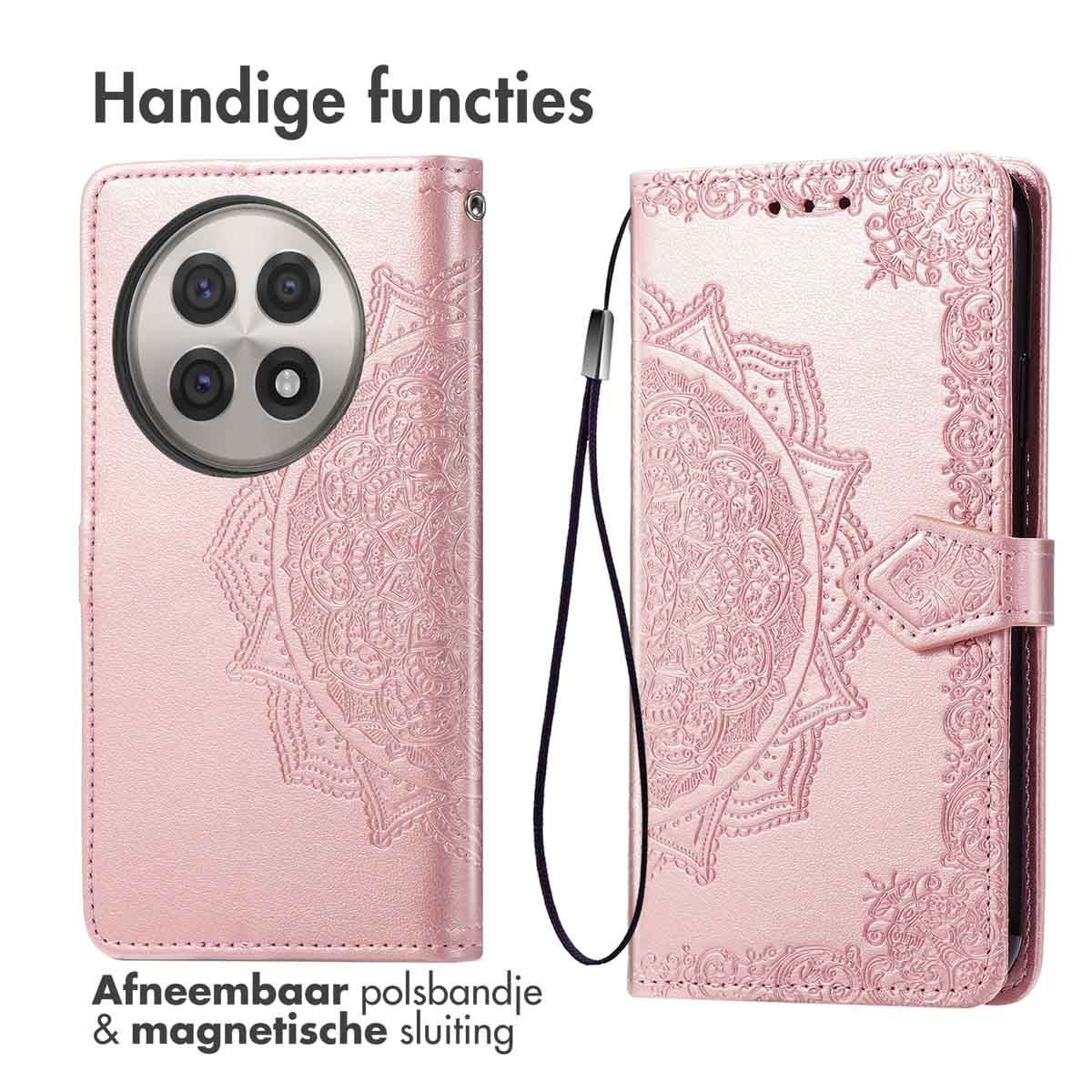Roze telefoonhoes met mandala-ontwerp, open met riem.