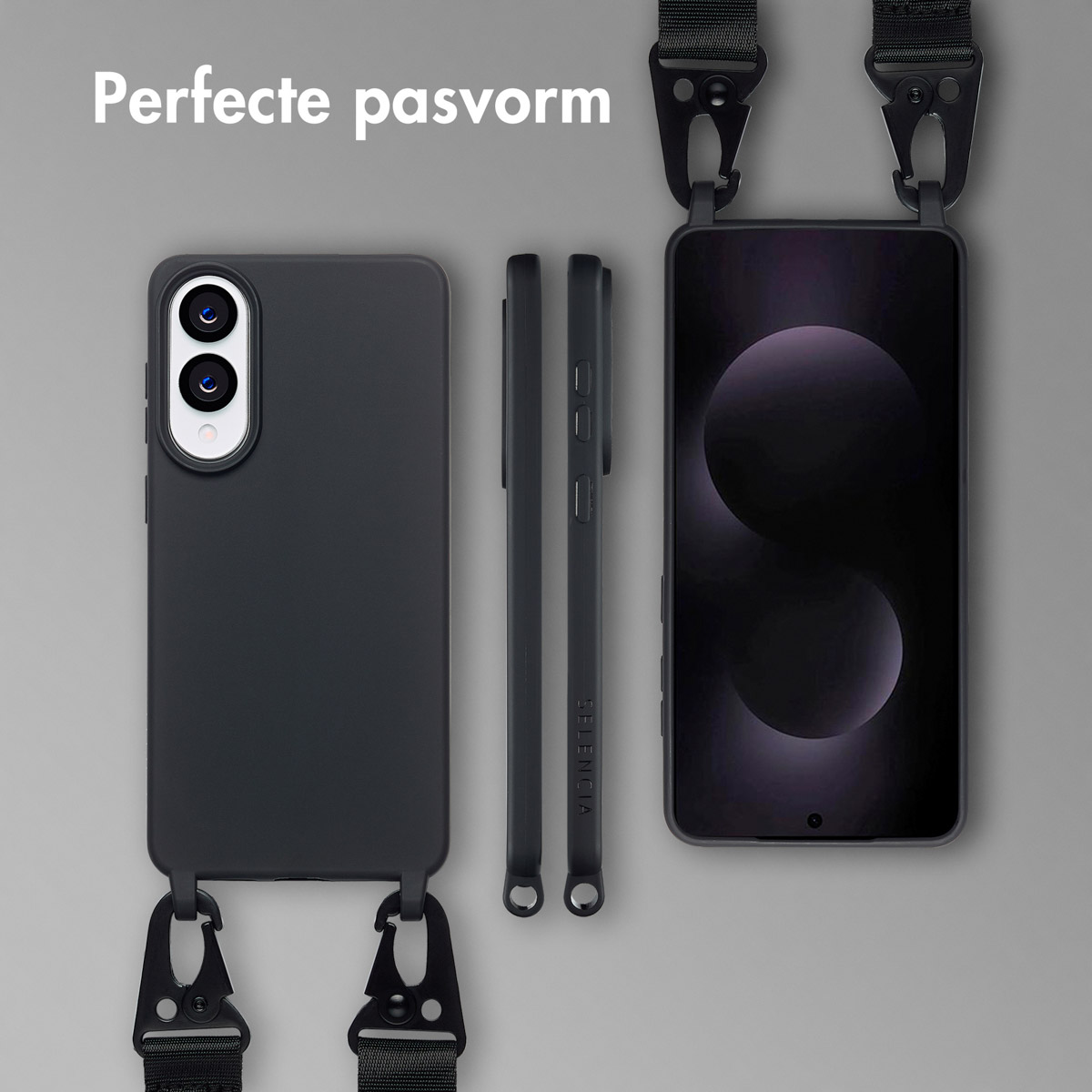 Zwarte telefoonhoes met schouderriem, drie aanzichten. Tekst: 'Perfecte pasvorm'.