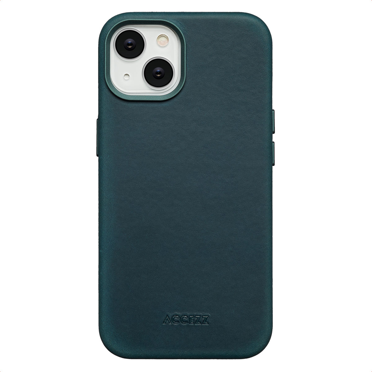 Une coque de téléphone vert foncé avec une découpe pour caméra double. La marque ACCEZZ est imprimée en bas.