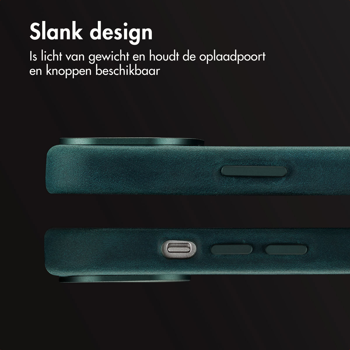 Coque de téléphone verte, gros plan sur le côté, avec texte « Design fin » et descriptions.