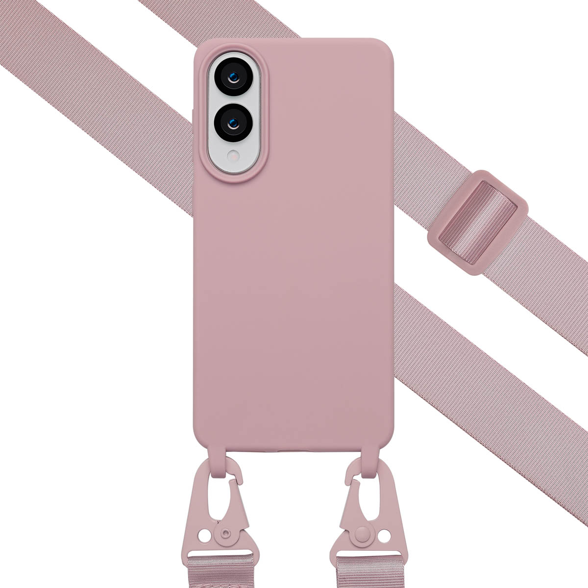 Coque de téléphone rose avec sangle, crochets et boucle ; le téléphone a deux caméras.