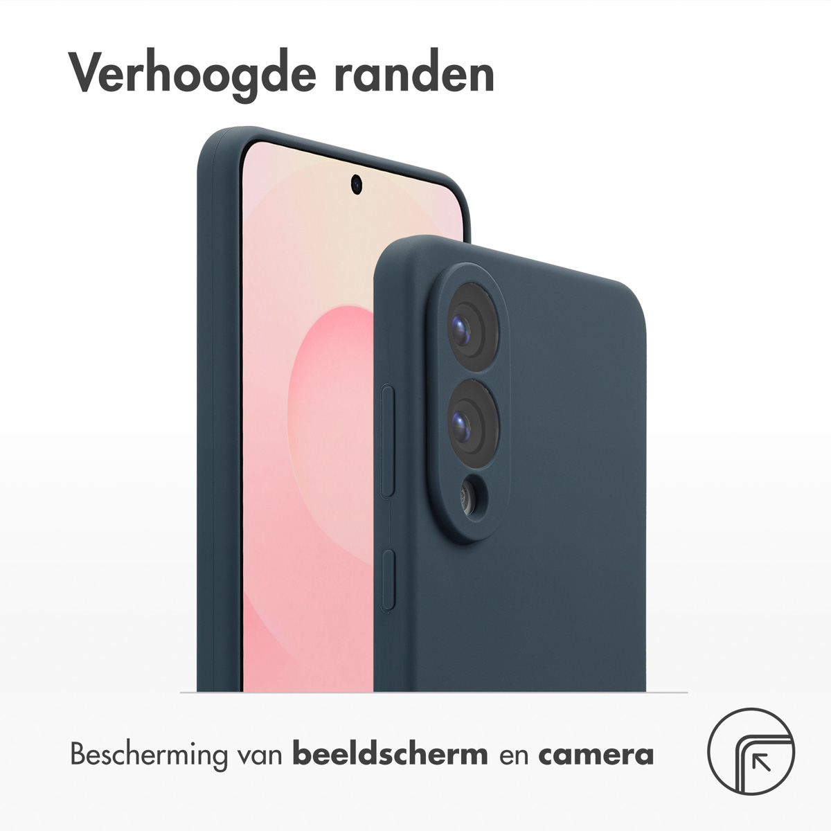Telefoon in donkerblauwe hoes. Close-up. Tekst: Scherm- en camerabescherming. Verhoogde randen.