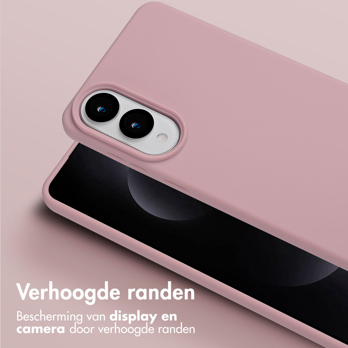 Coque de téléphone rose avec téléphone montrant la zone de la caméra et l'écran. Texte présent.