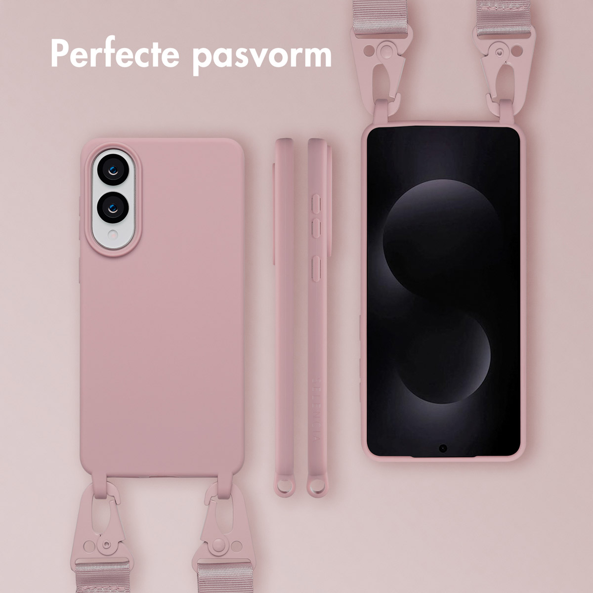Une coque rose avec un téléphone, des profils latéraux et une sangle. Texte en néerlandais.
