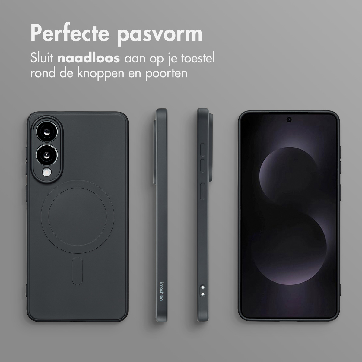 Een telefoonhoesje en een telefoon met camera en knoppen, op een grijze gradiënt achtergrond. Nederlandse tekst.
