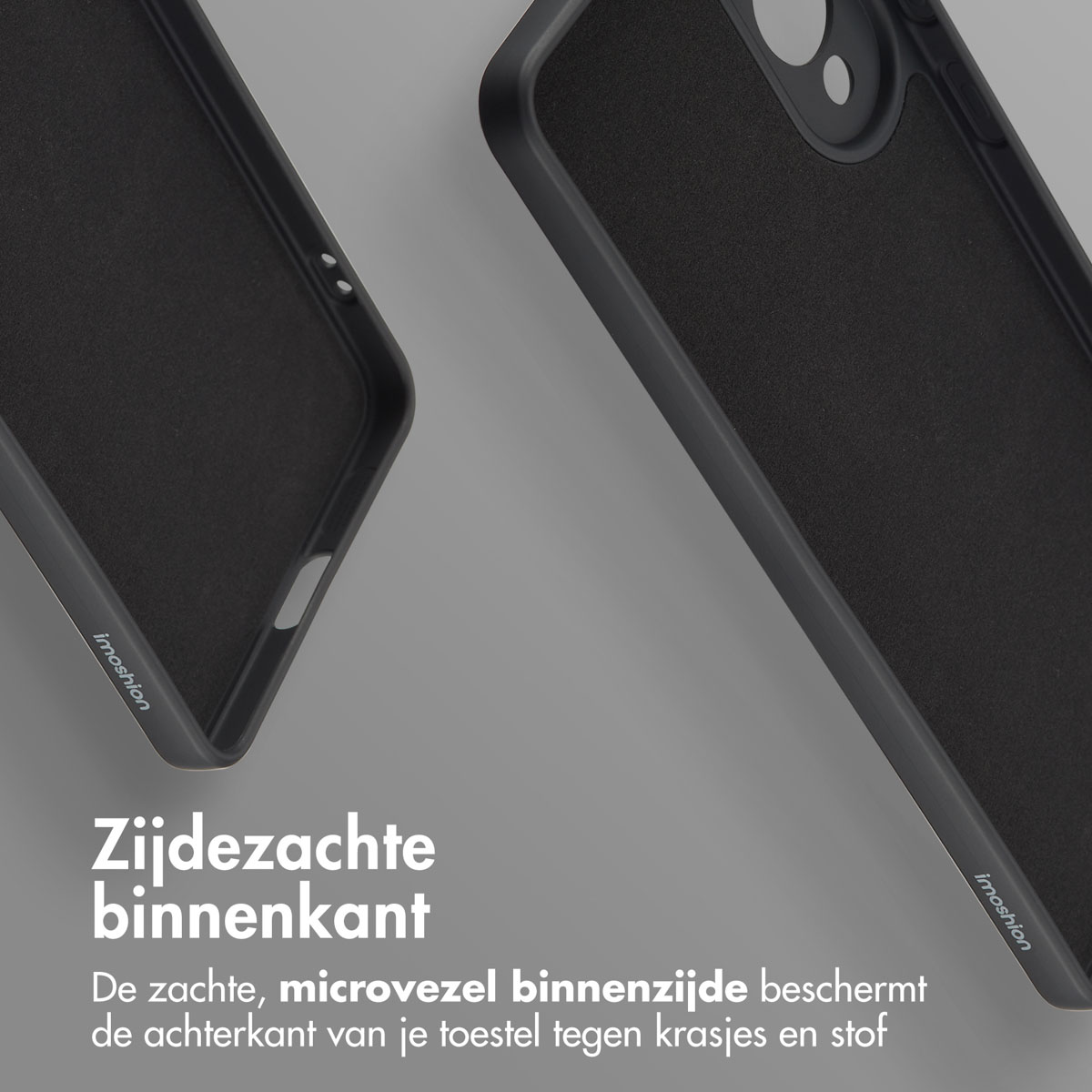Binnenkant van de telefoonhoes met tekst, die een zacht, microvezel interieur toont.