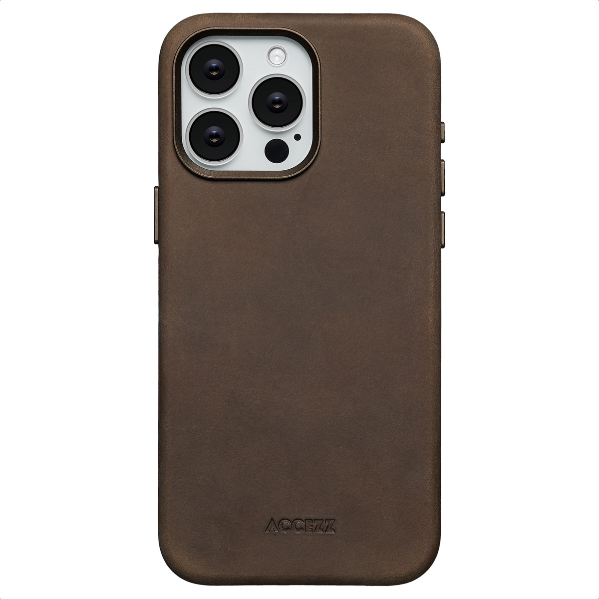 Coque de téléphone marron avec triple caméra et nom de marque en bas.
