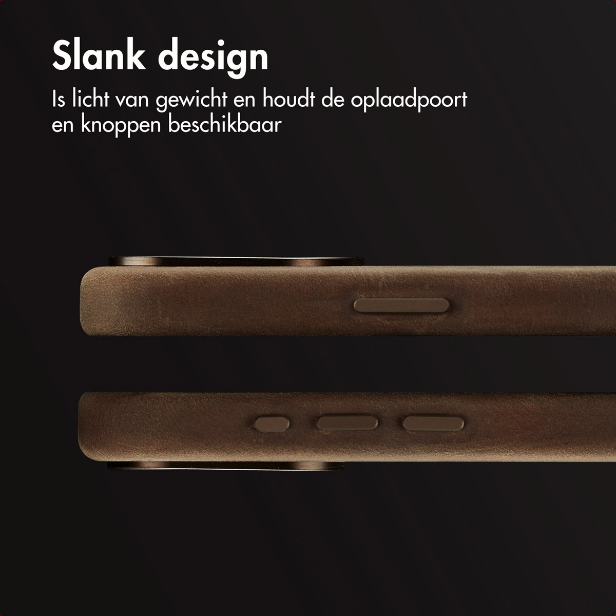 Coque de téléphone avec une surface marron. Texte en néerlandais.