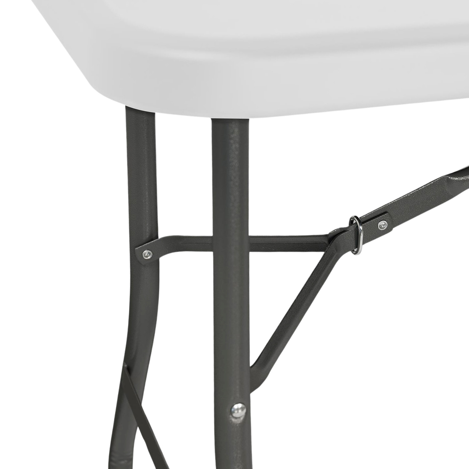 Detalle de pata de mesa. Tapa blanca, patas grises, soporte negro. Primer plano.