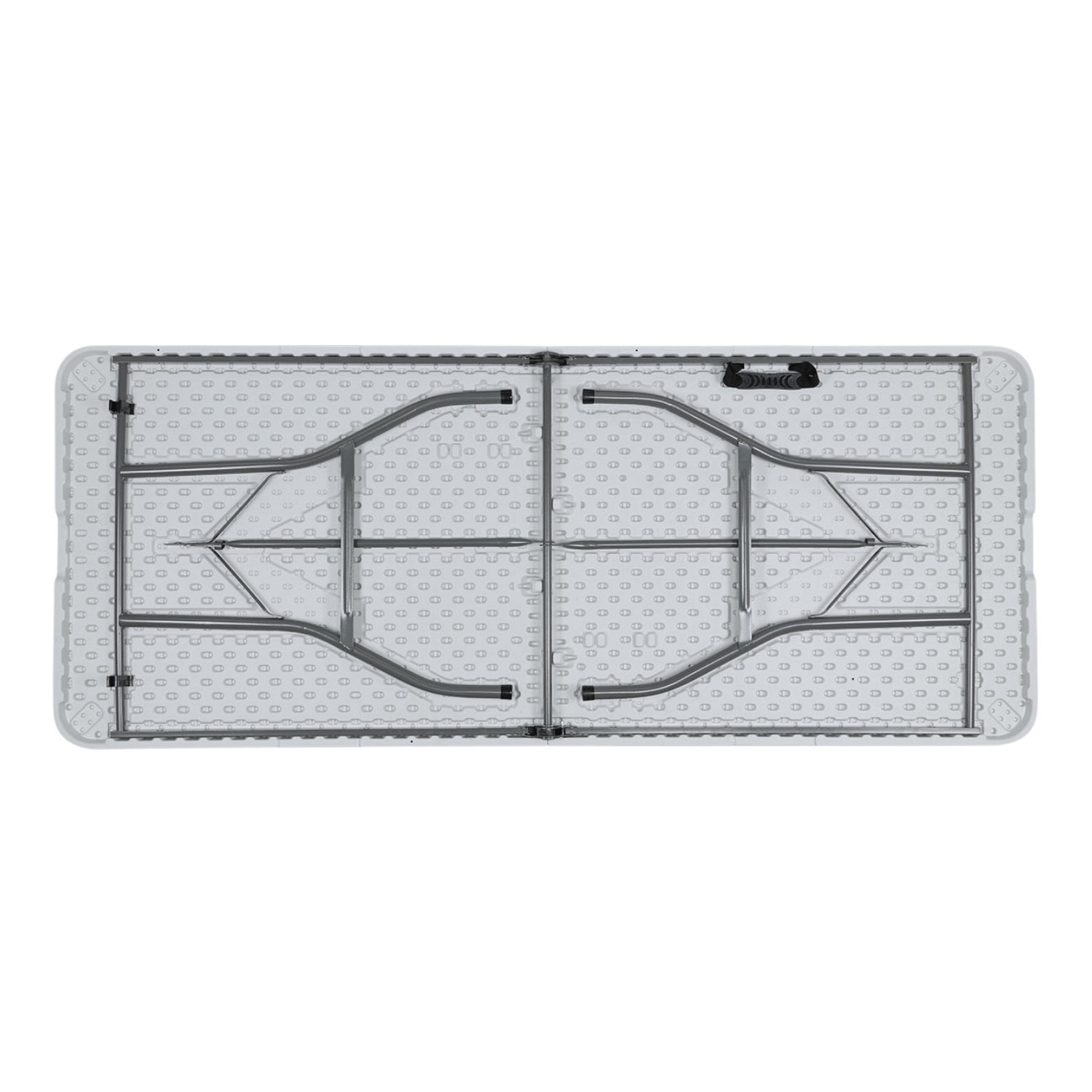 Una mesa blanca con patas de metal gris, vista desde arriba. La mesa tiene un patrón tipo rejilla.