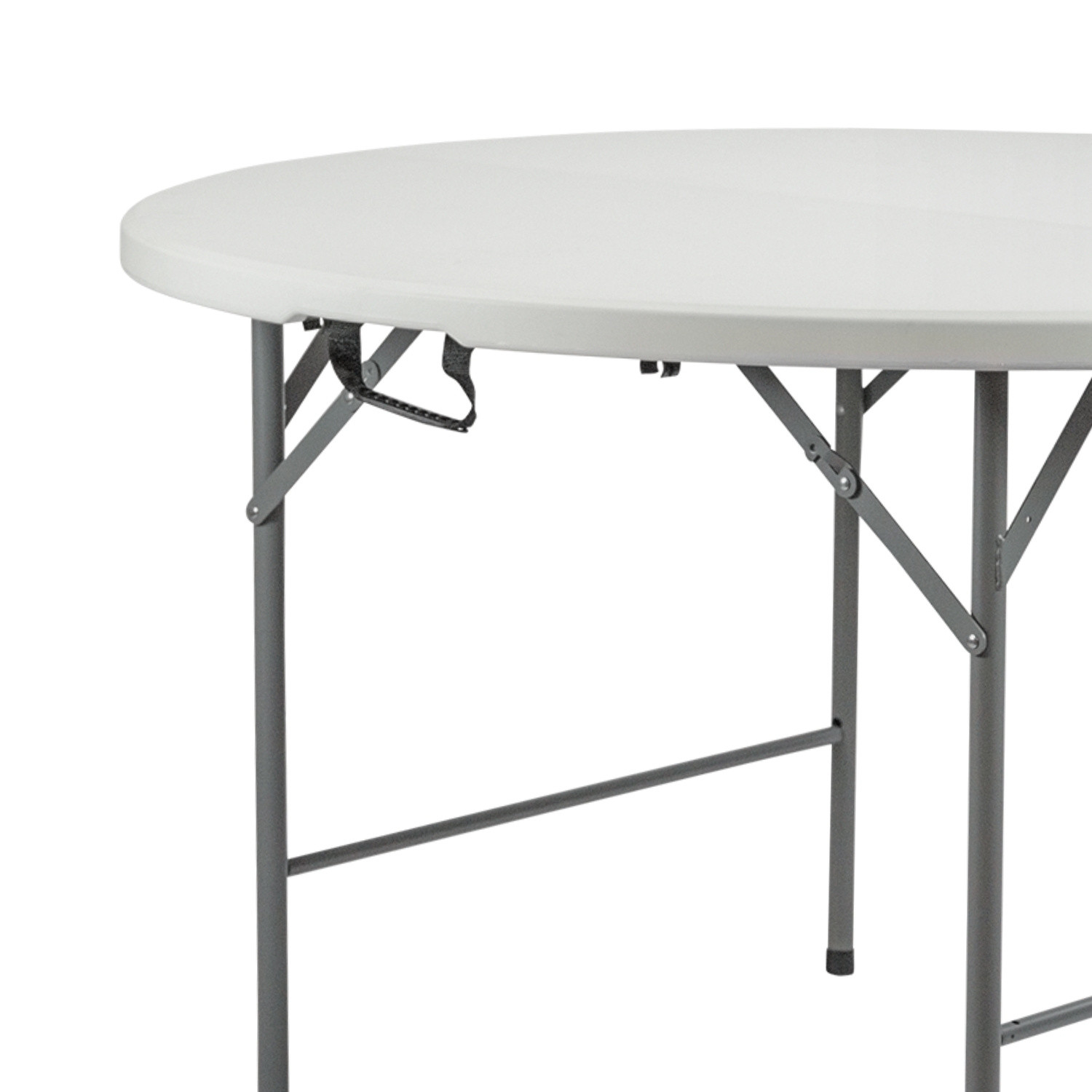 Una mesa plegable redonda blanca con patas grises. Detalles del borde y marco de soporte.