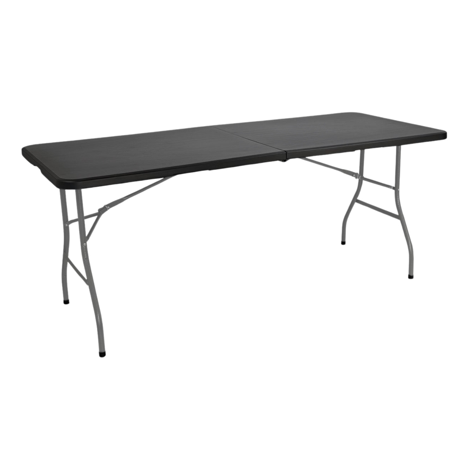 Mesa plegable rectangular negra, patas extendidas, sobre un fondo blanco.
