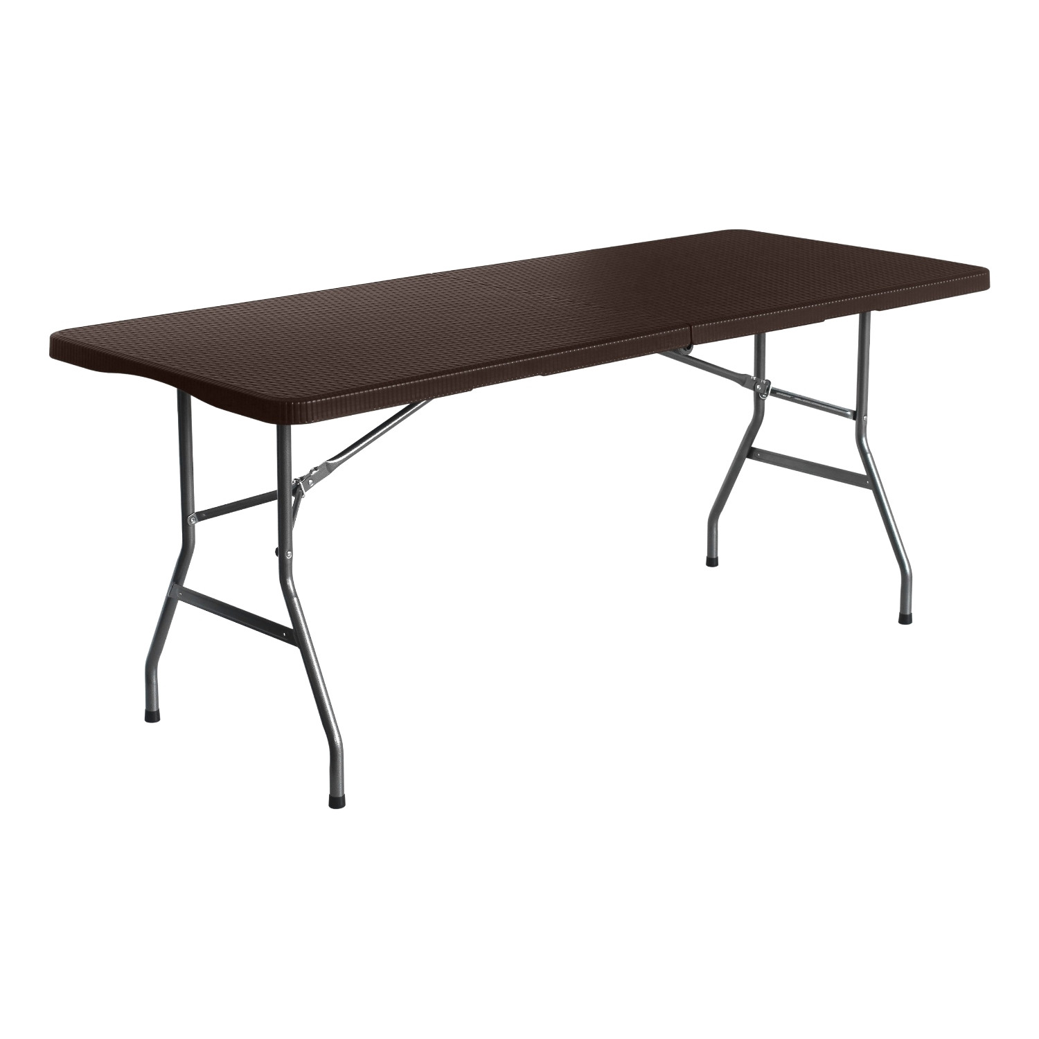 Mesa plegable marrón. Forma rectangular con tapa marrón y patas metálicas. Fondo blanco.