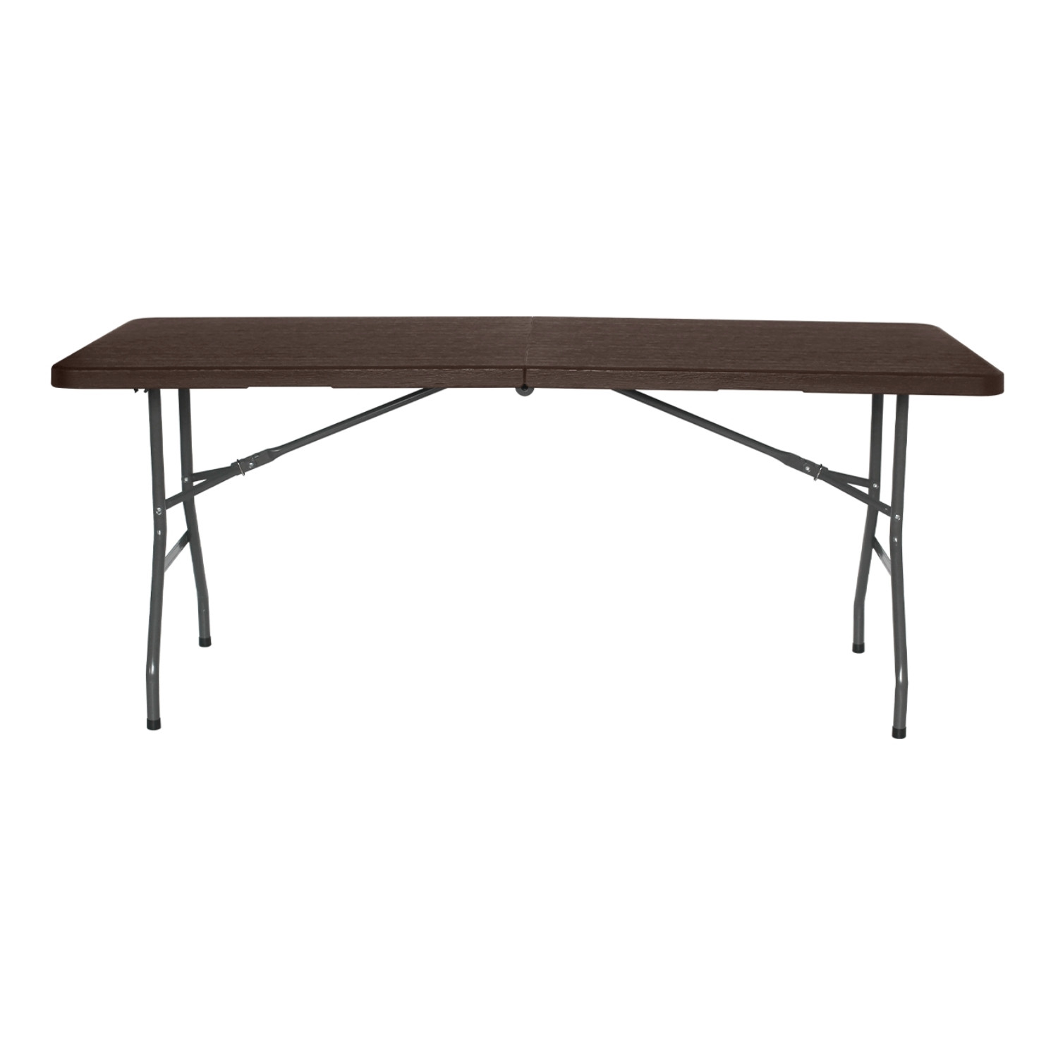 Una mesa plegable rectangular marrón con marco de metal sobre un fondo blanco.