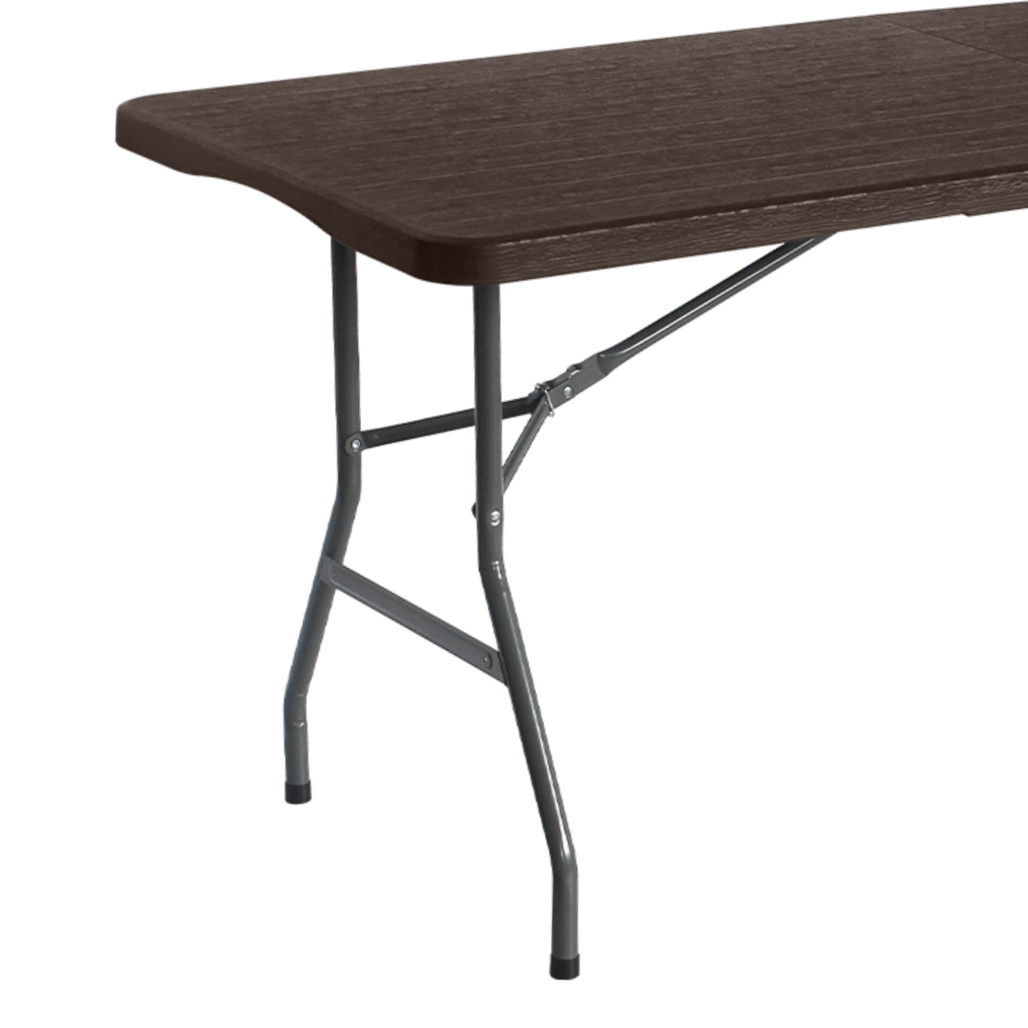 Primer plano de una pata de mesa plegable marrón con marco de metal, sobre fondo blanco.