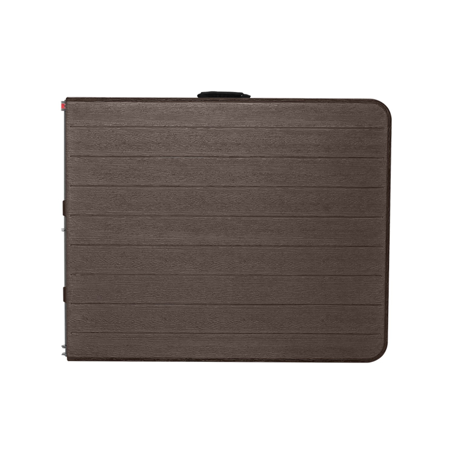Vista superior de una mesa plegable marrón rectangular, con textura de vetas de madera.