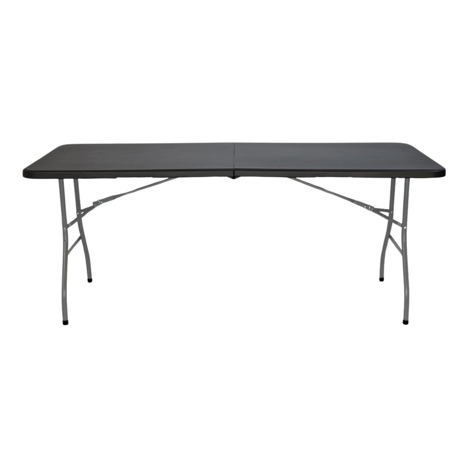 Una mesa plegable rectangular negra con marco de metal sobre fondo blanco.
