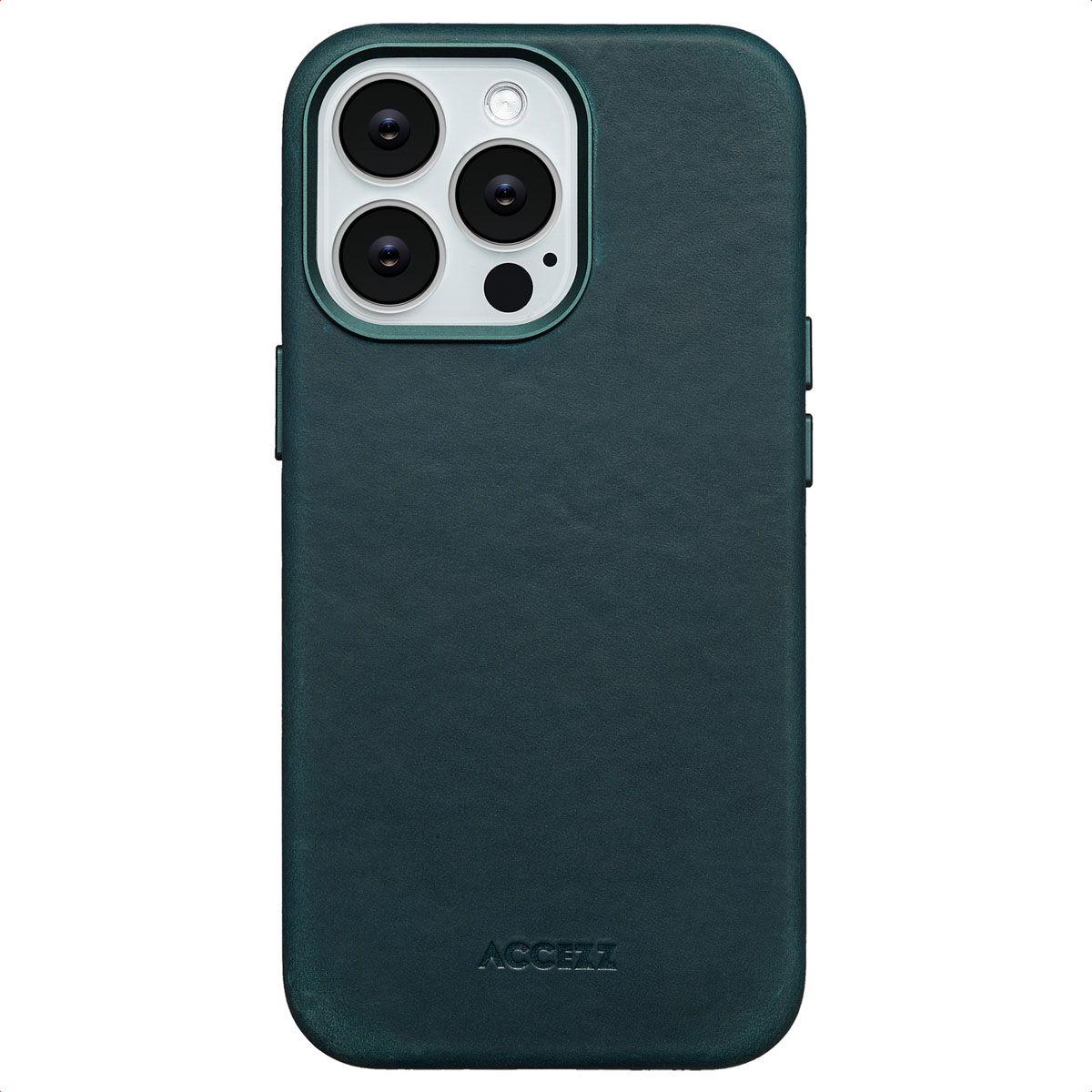 Een teal iPhone-hoesje met meerdere camera-uitsparingen, Aggezz-logo. Witte achtergrond.