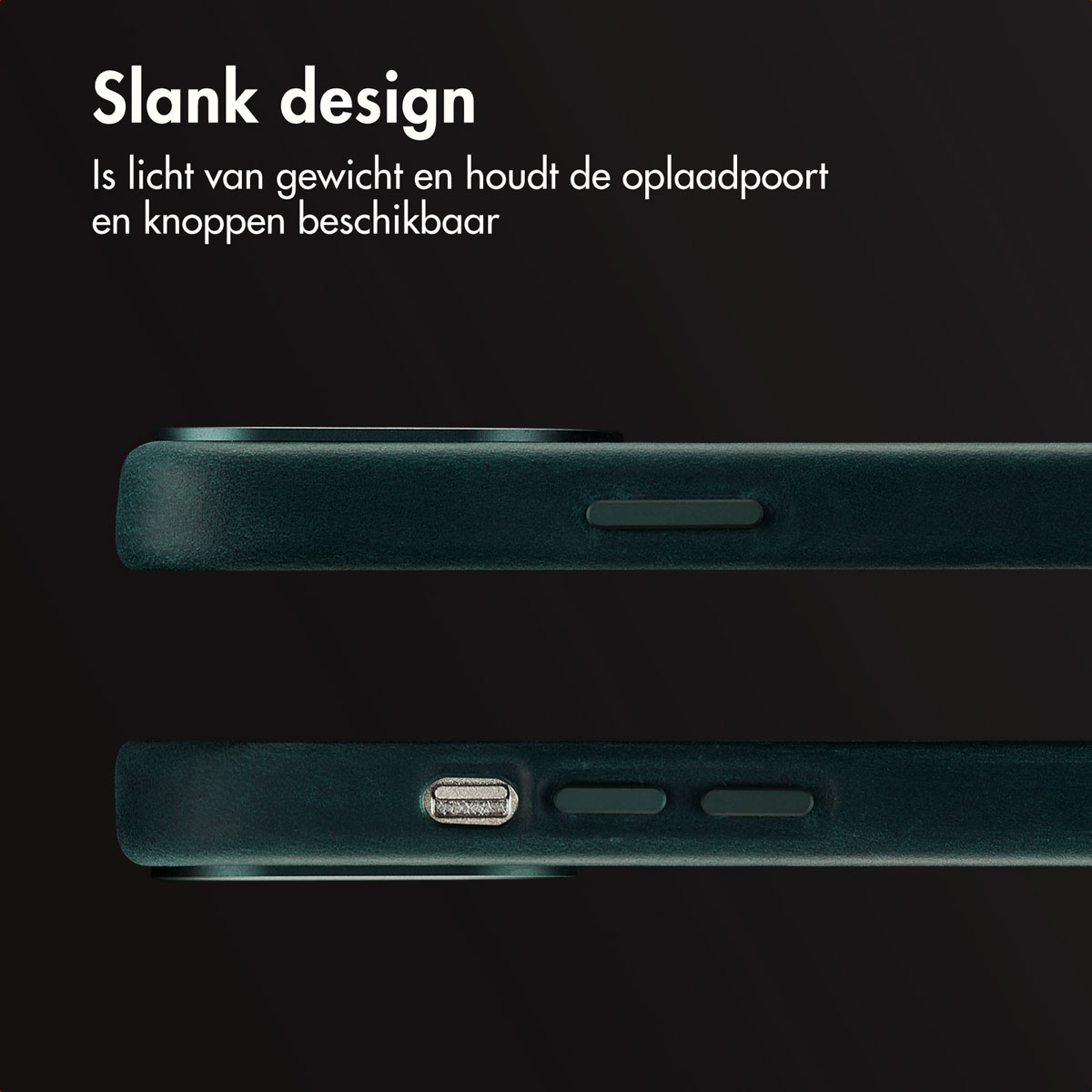 Close-up van de zijkant van een donkergroene telefoonhoes, met knoppen en poort.