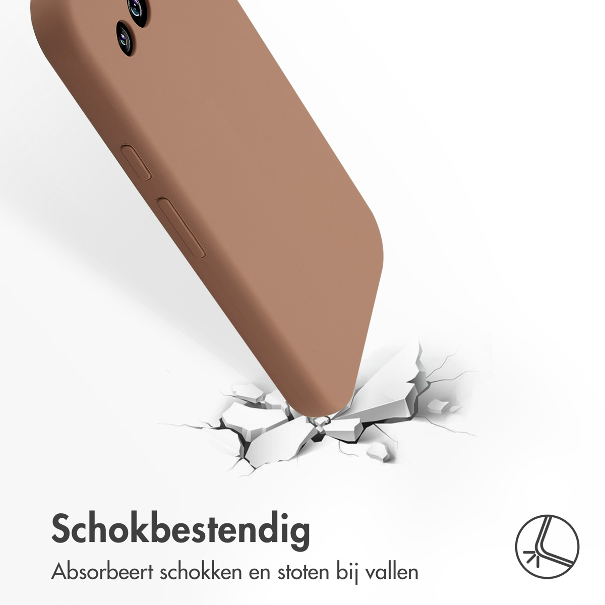 Een telefoonhoes valt, met tekst over schokbestendigheid en een gebarsten oppervlak.