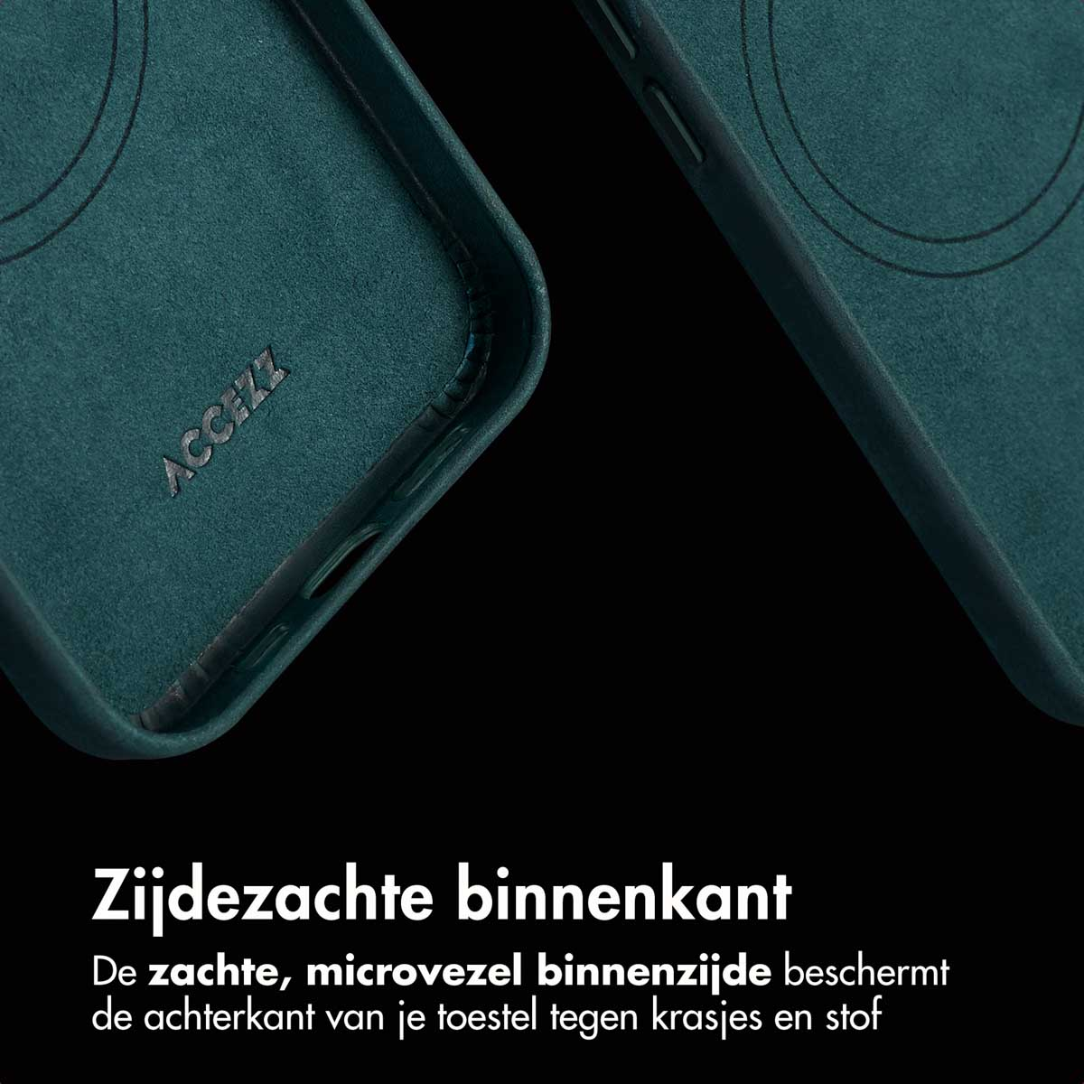 Close-up van de binnenkant van een groene telefoonhoes. De achtergrond is wazig.