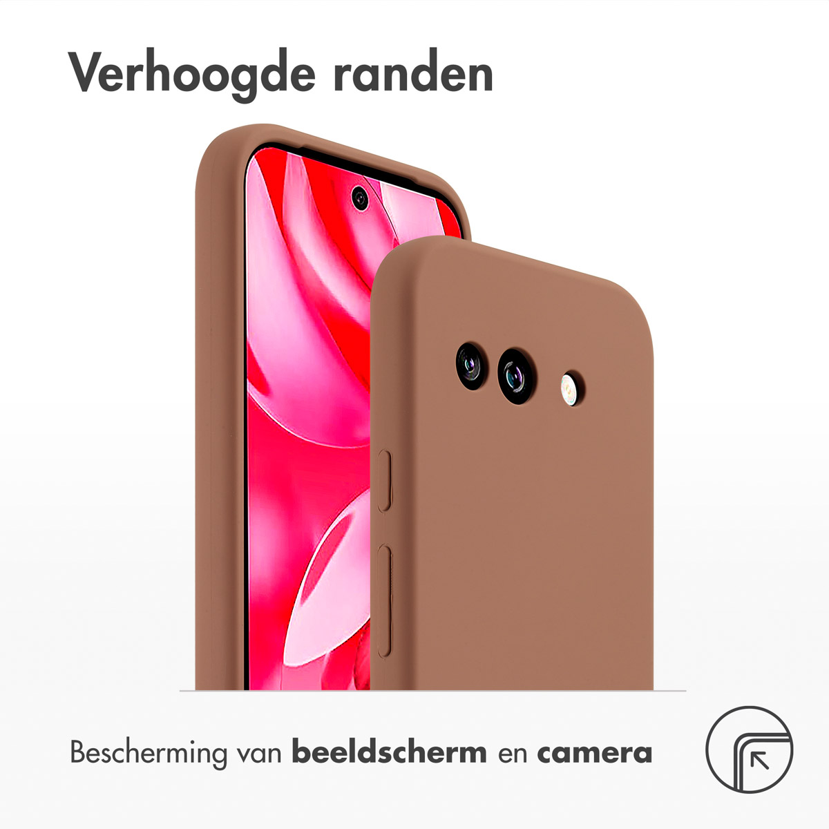 Bruine telefoonhoes op een telefoon. De achtergrond is licht en wazig.