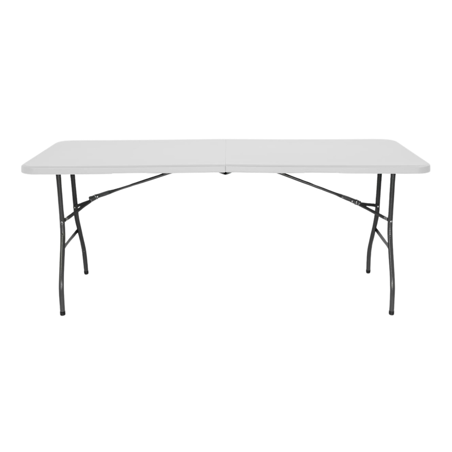 Una mesa rectangular blanca con patas negras, vista desde arriba, sobre un fondo blanco.
