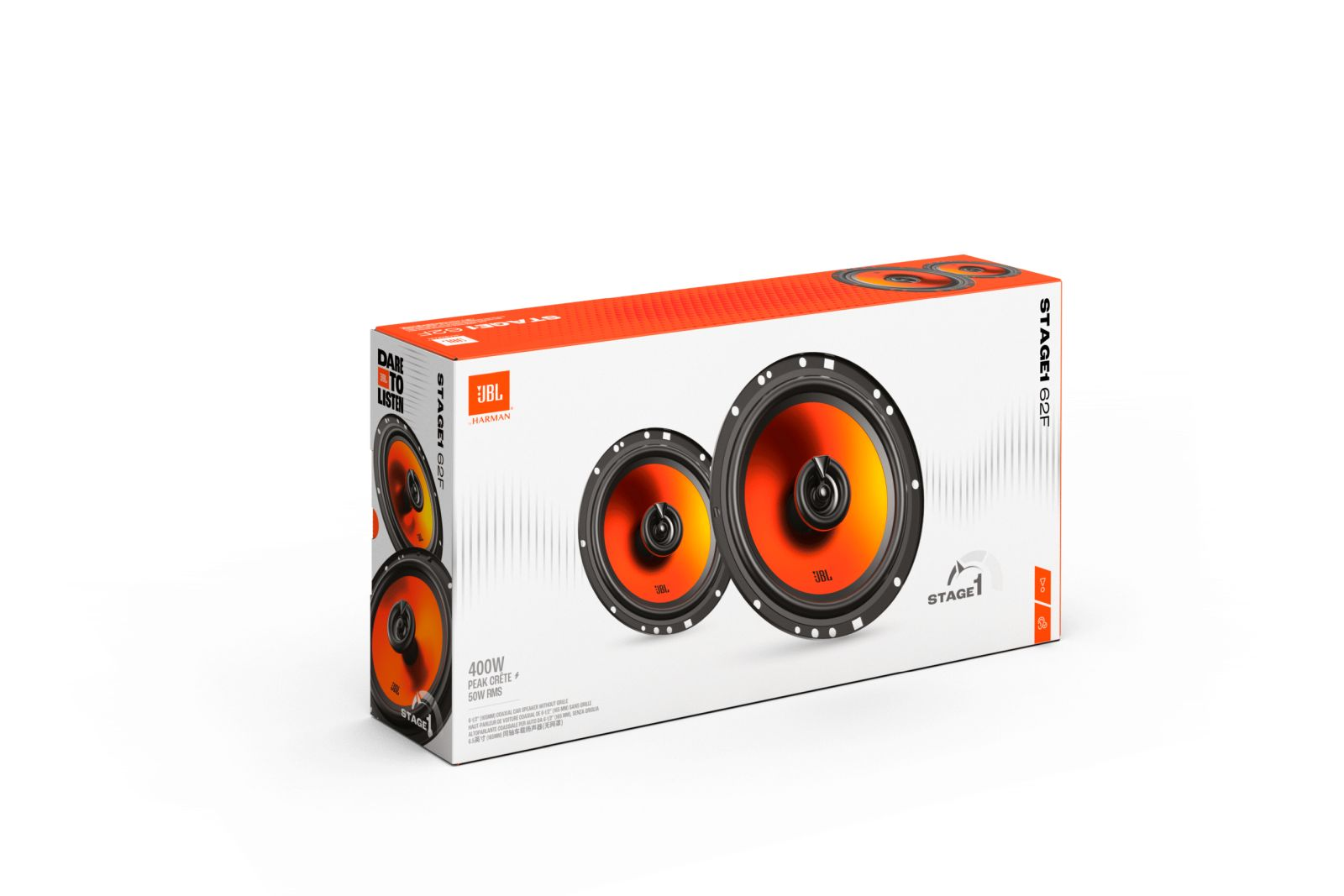 Boîte avec haut-parleurs JBL avec centres orange, bordures noires et la marque JBL.