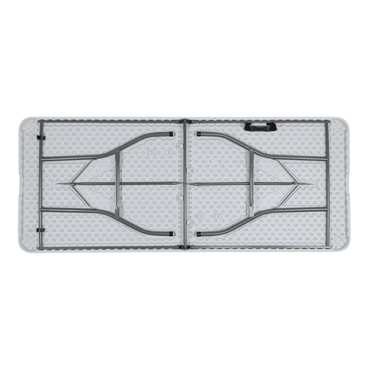 Una mesa plegable de plástico gris plegada, vista desde arriba, sobre un fondo blanco.