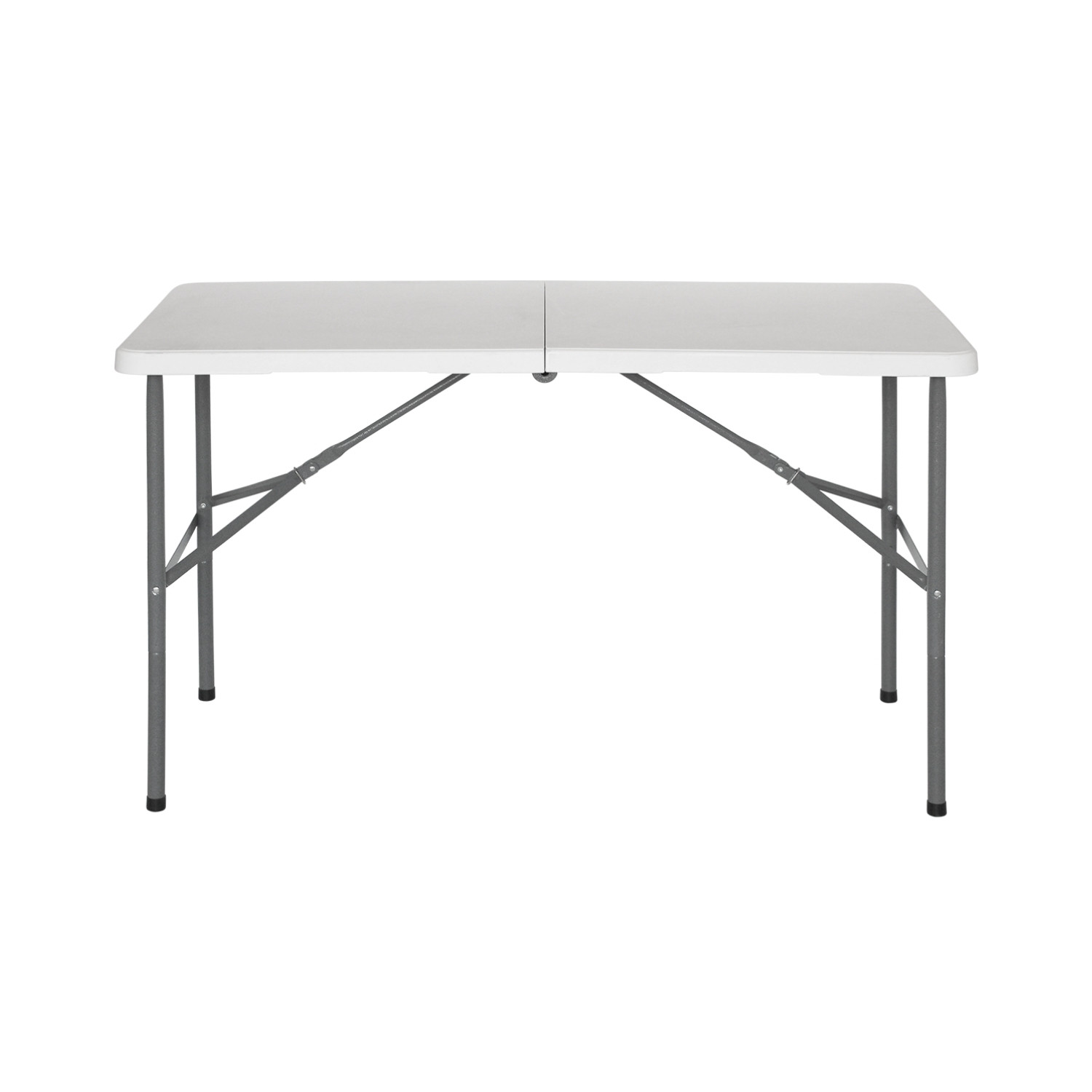 Mesa plegable blanca con patas de metal. Fondo blanco.