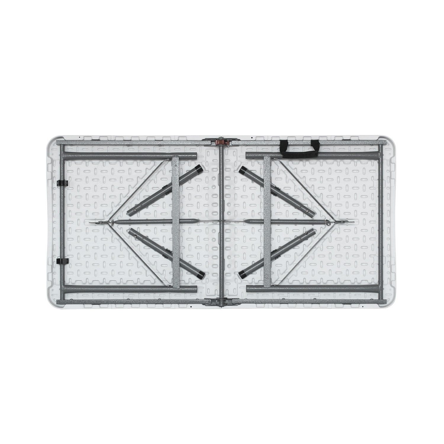 Una mesa plegable blanca y gris con marco de metal y asa negra.