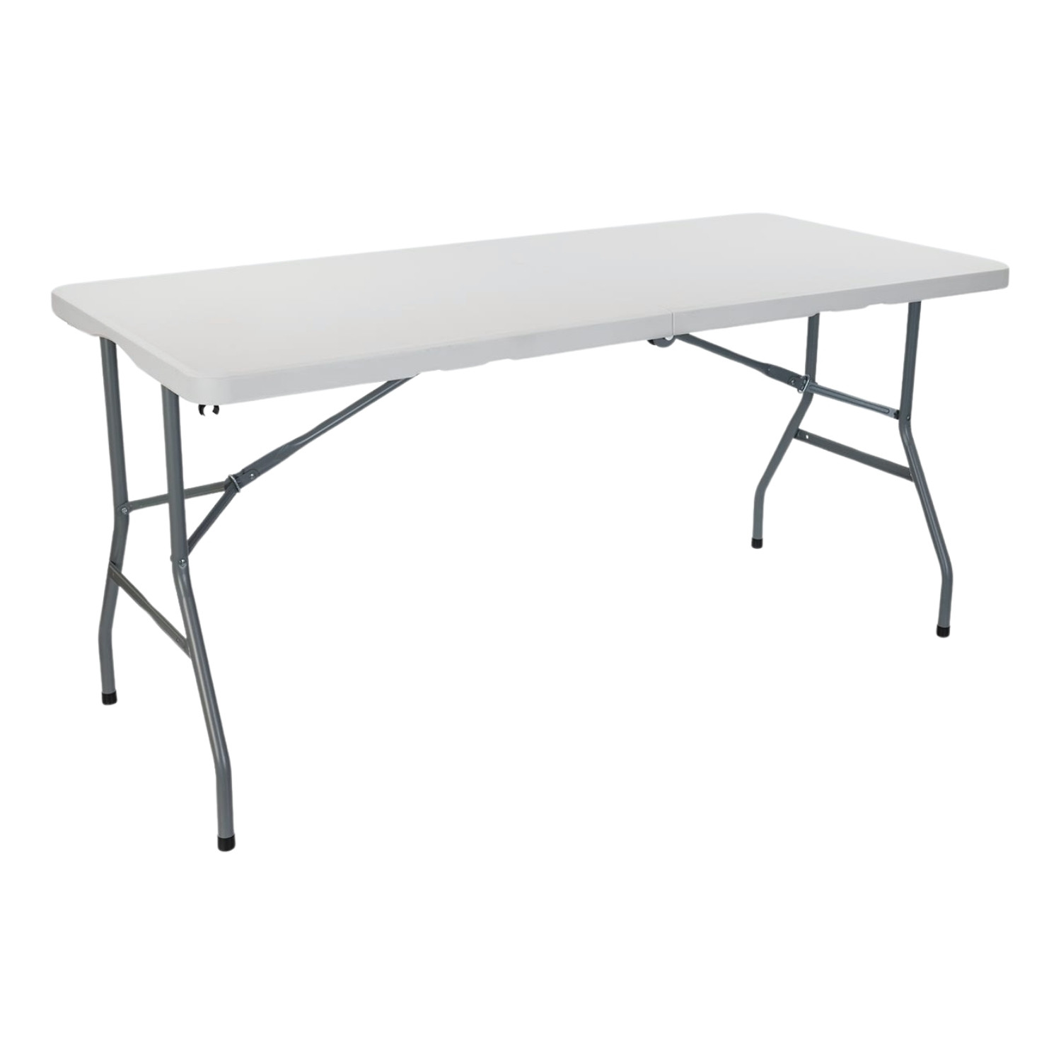 Una mesa plegable blanca con patas grises sobre fondo blanco.