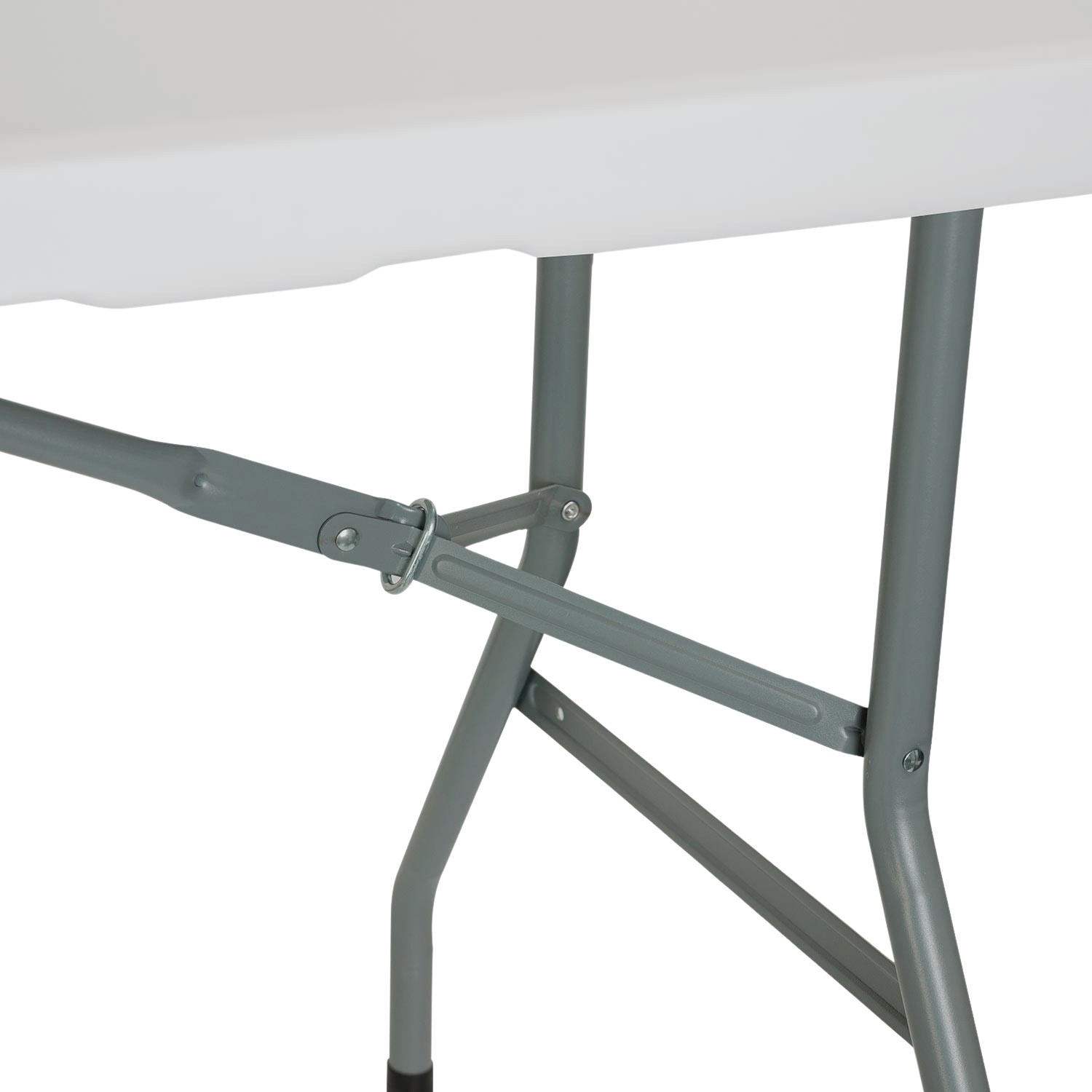 Primer plano de patas y marco de soporte de mesa plegable blanca.