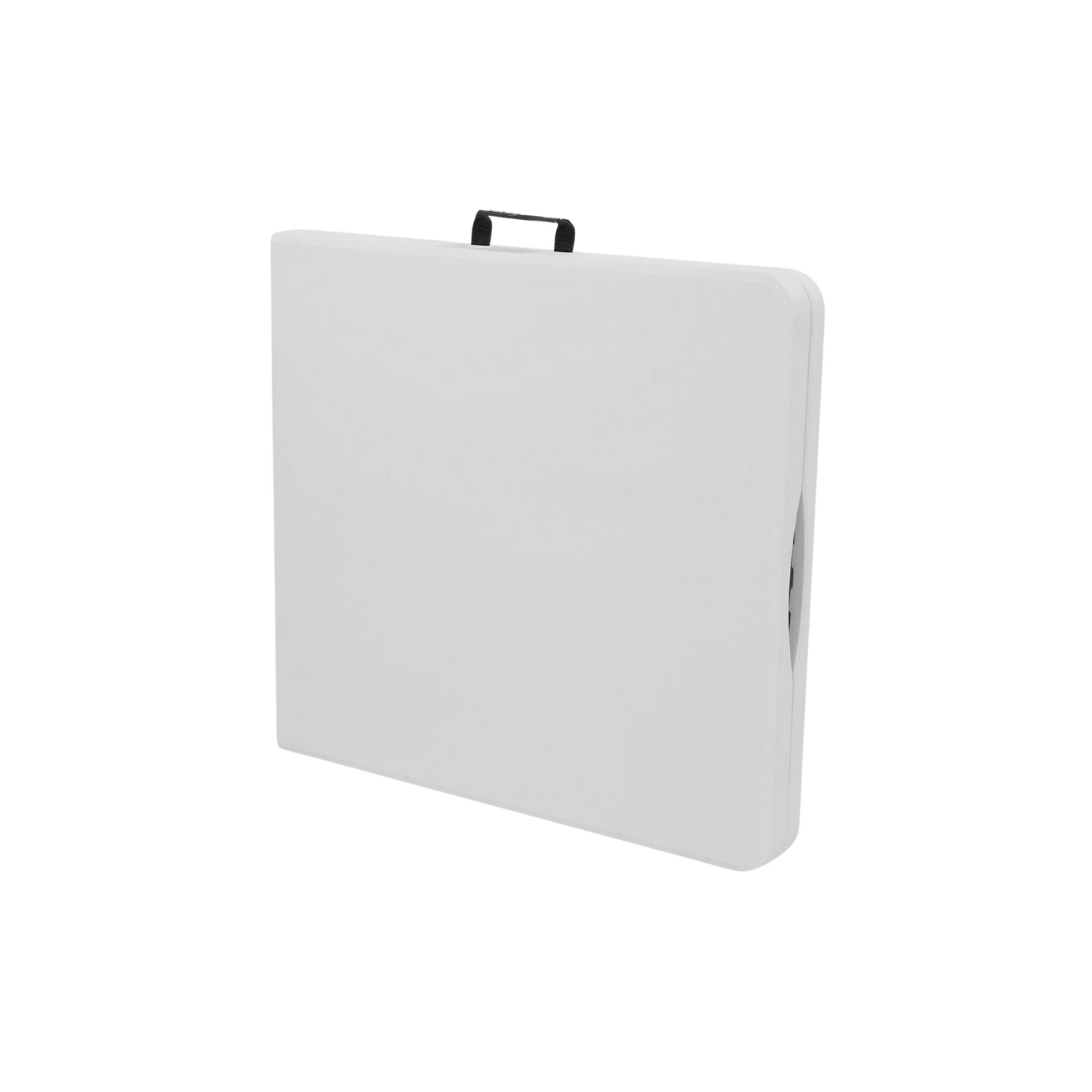 Mesa blanca plegada con asa negra. Mesa plegable en estudio.