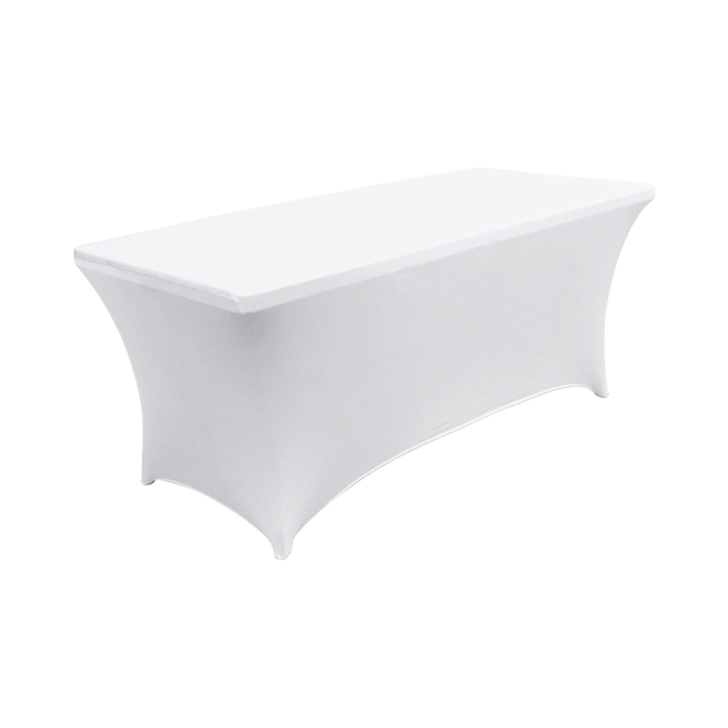 Mesa rectangular blanca cubierta con tela blanca, vista desde un ángulo.