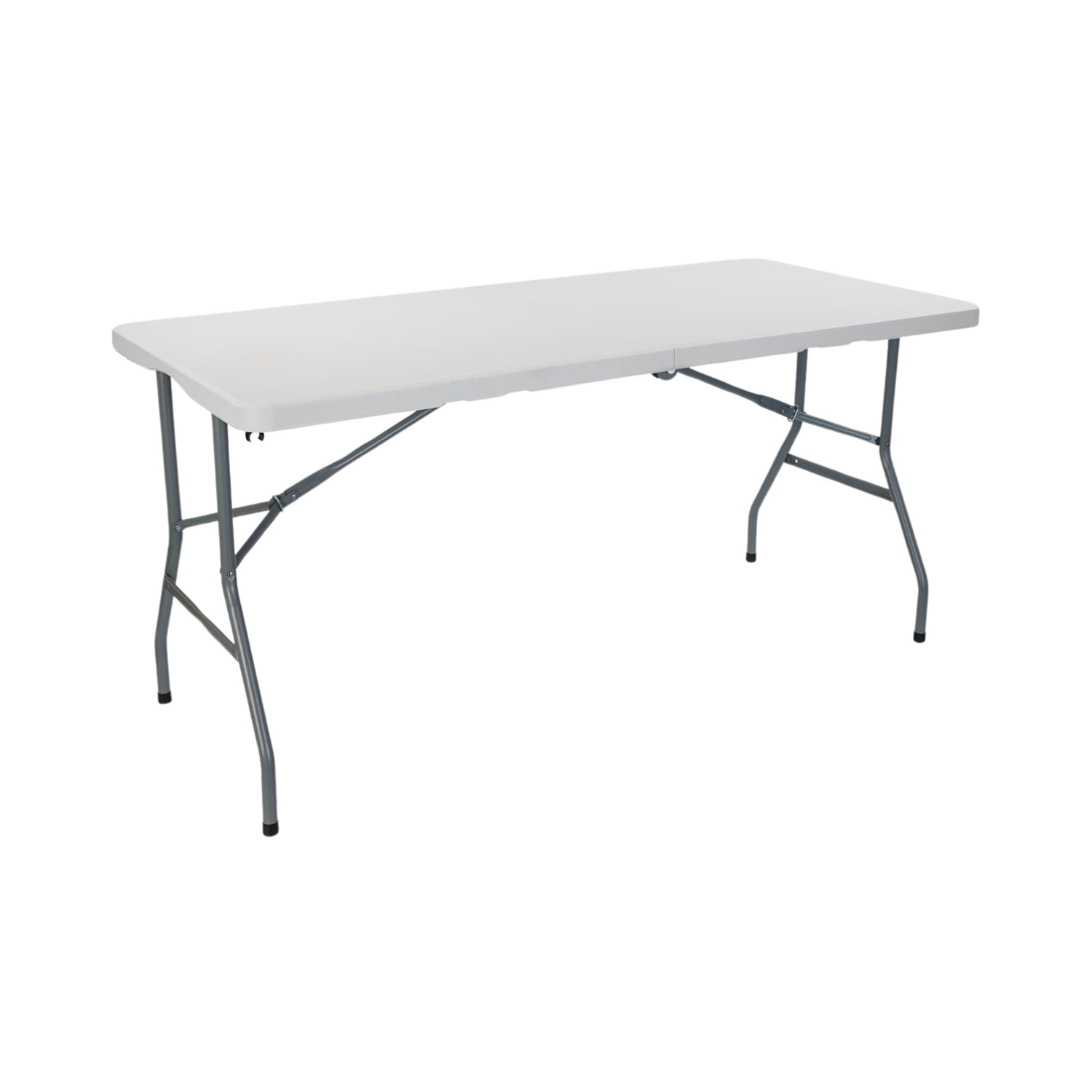 Una mesa plegable blanca con patas de metal sobre un fondo blanco, lista para usar.