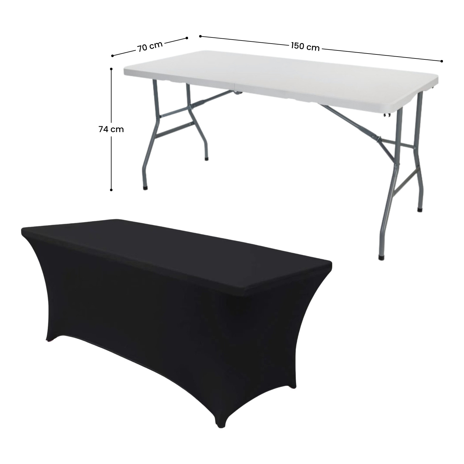 Mesa blanca con patas de metal. Cubierta negra debajo. Se muestran las dimensiones.