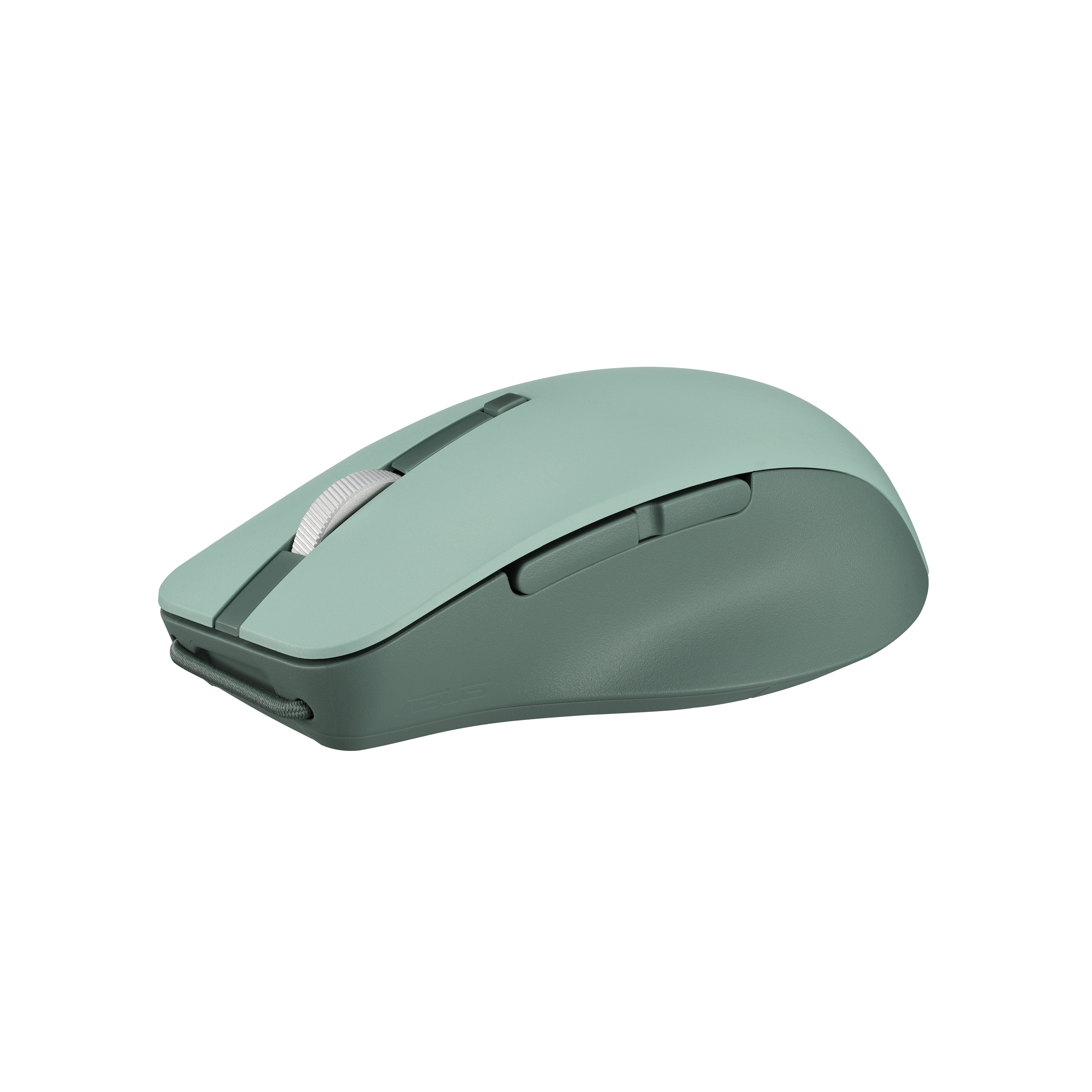 Mouse per computer ASUS verde e grigio su sfondo bianco, vista laterale. Ha due pulsanti, rotella e cavo.