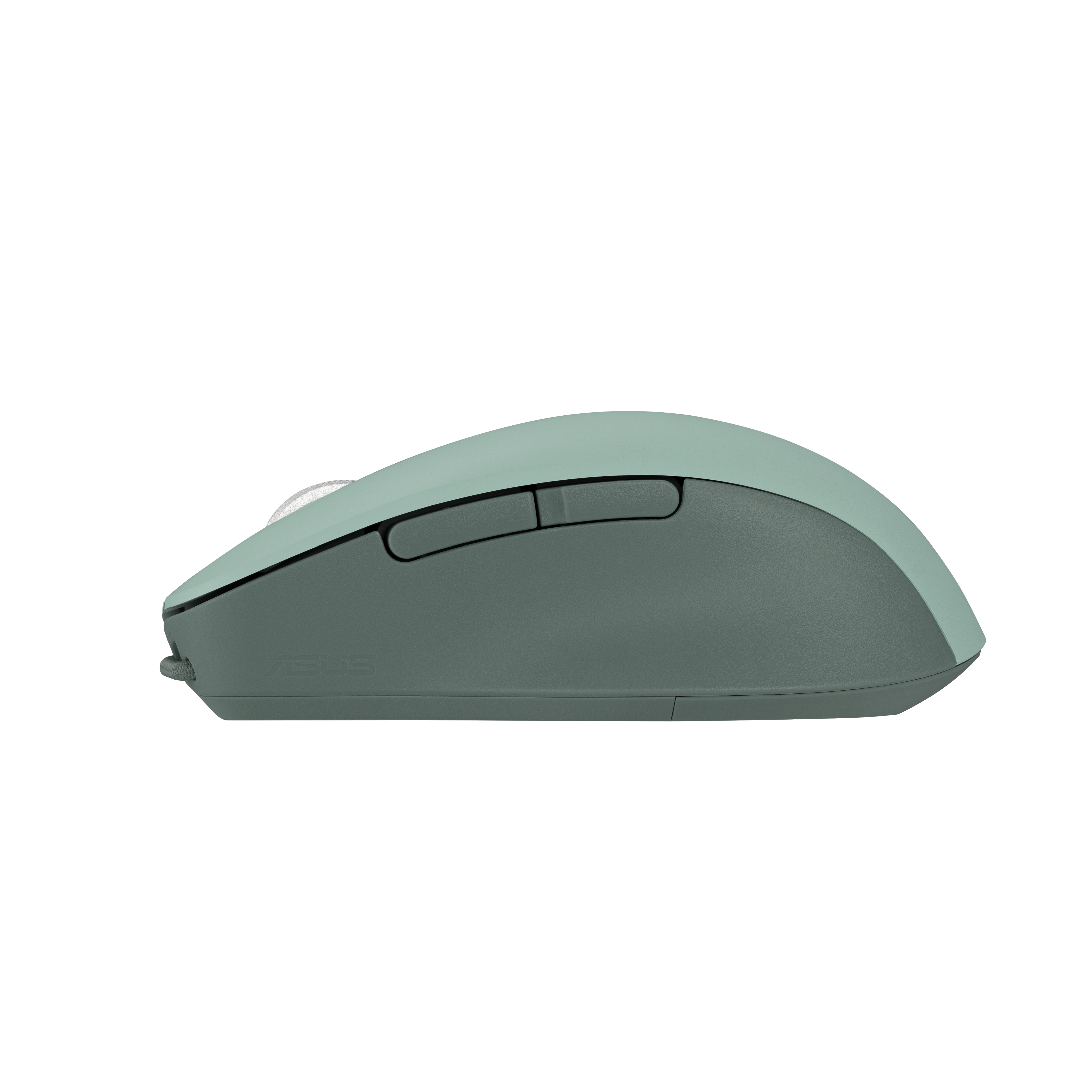 Mouse per computer ASUS verde e grigio su sfondo bianco, vista laterale. Ha due pulsanti, rotella e cavo.