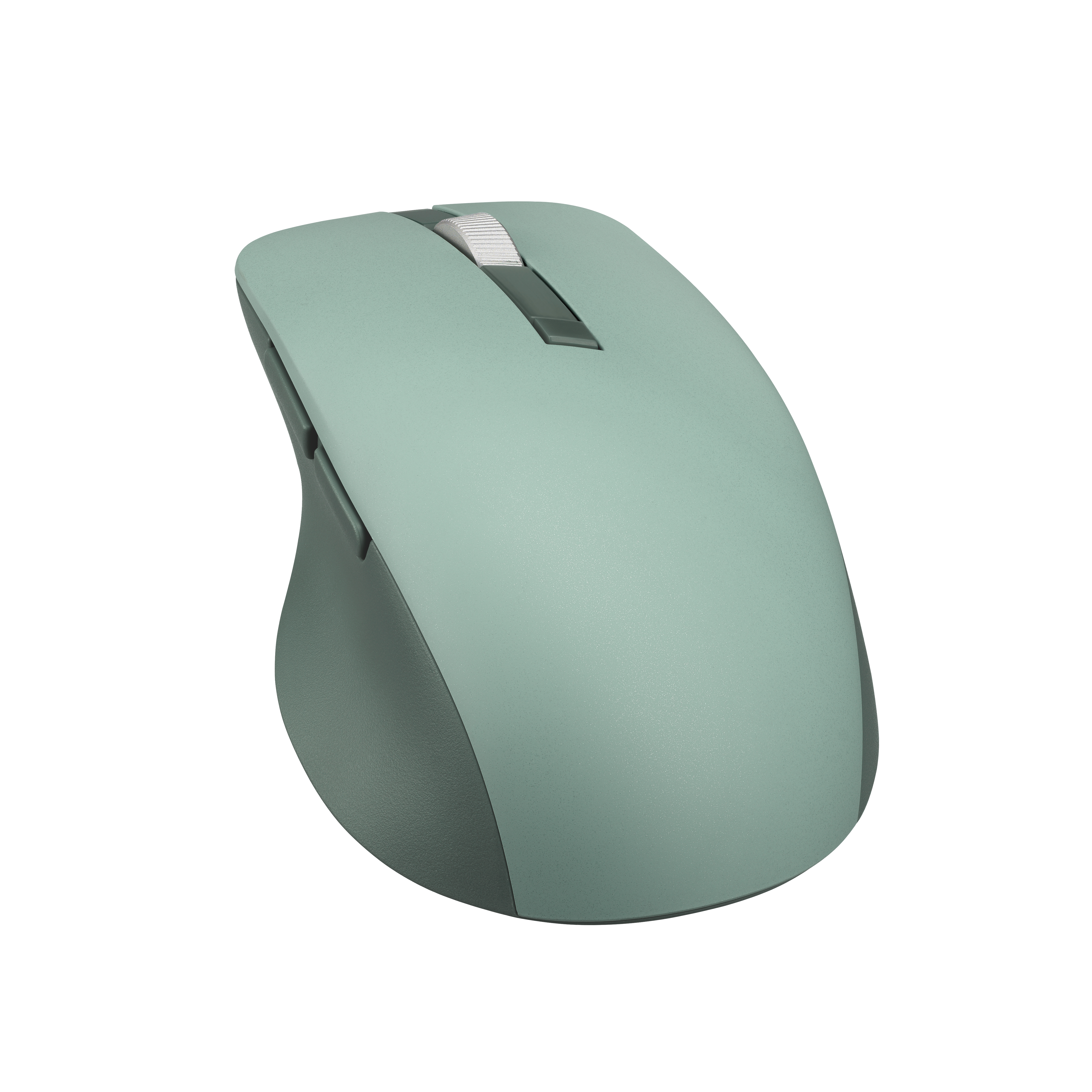 Mouse ergonomico verde e grigio. Sfondo bianco. Pulsanti superiori e laterali visibili.
