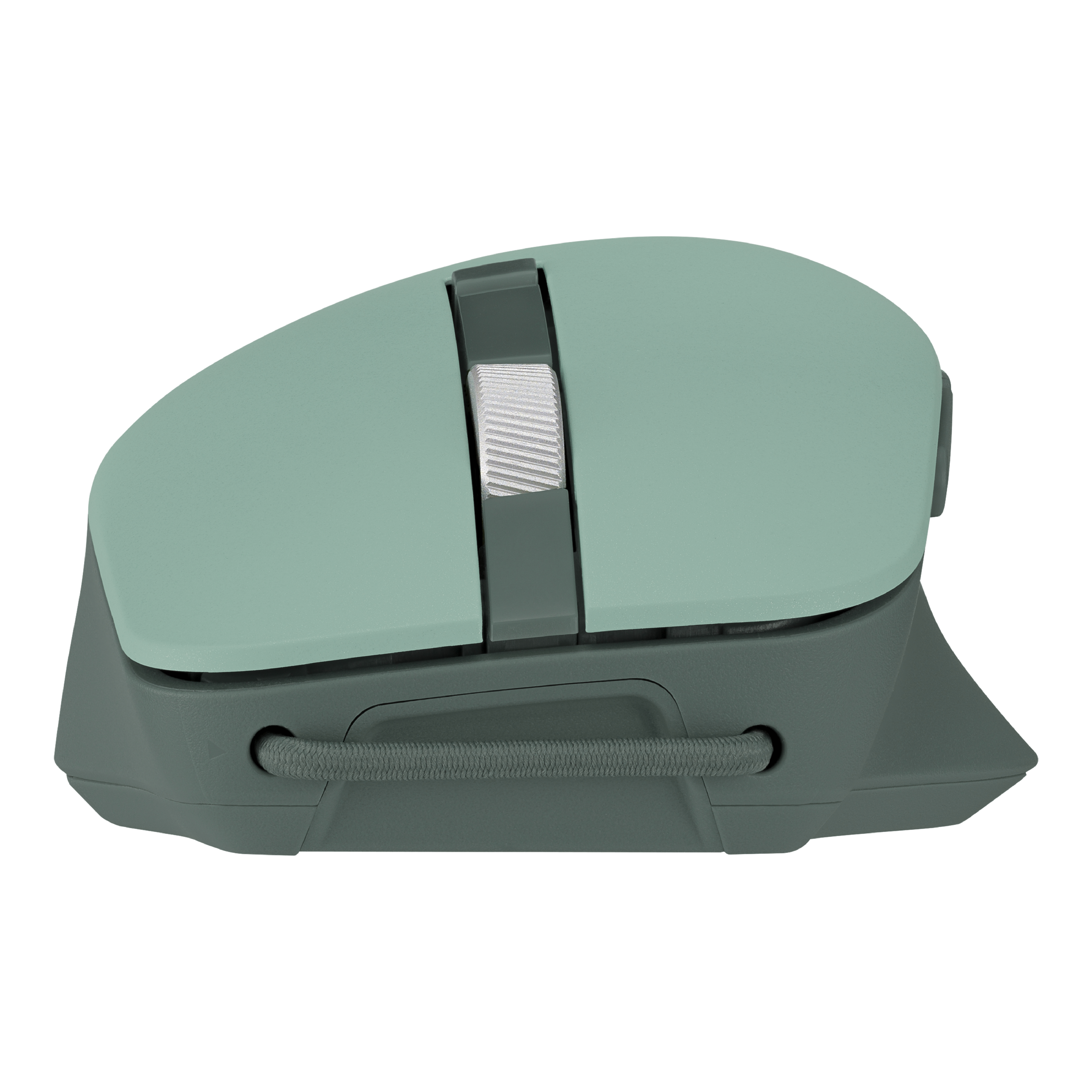 Mouse wireless verde e grigio, con rotella e cavo piccolo.