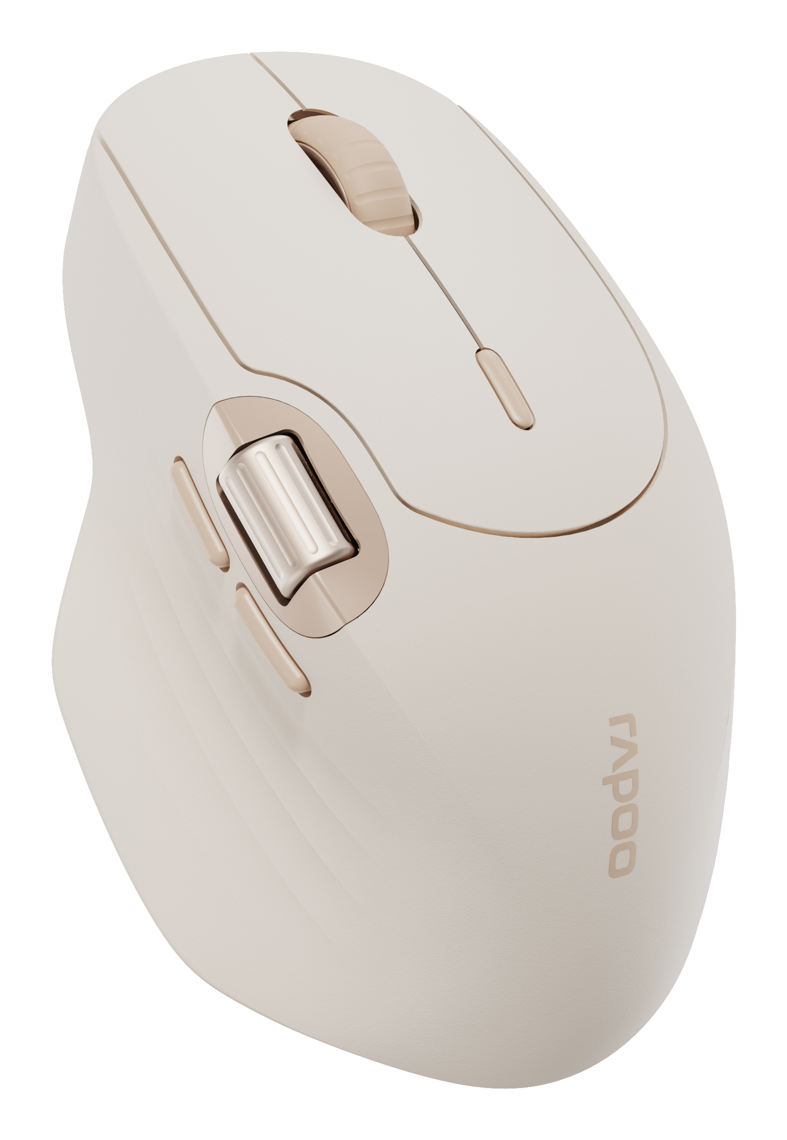 Mouse wireless bianco sporco con accenti dorati. Pulsanti e rotella visibili. Marchio Rapoo.