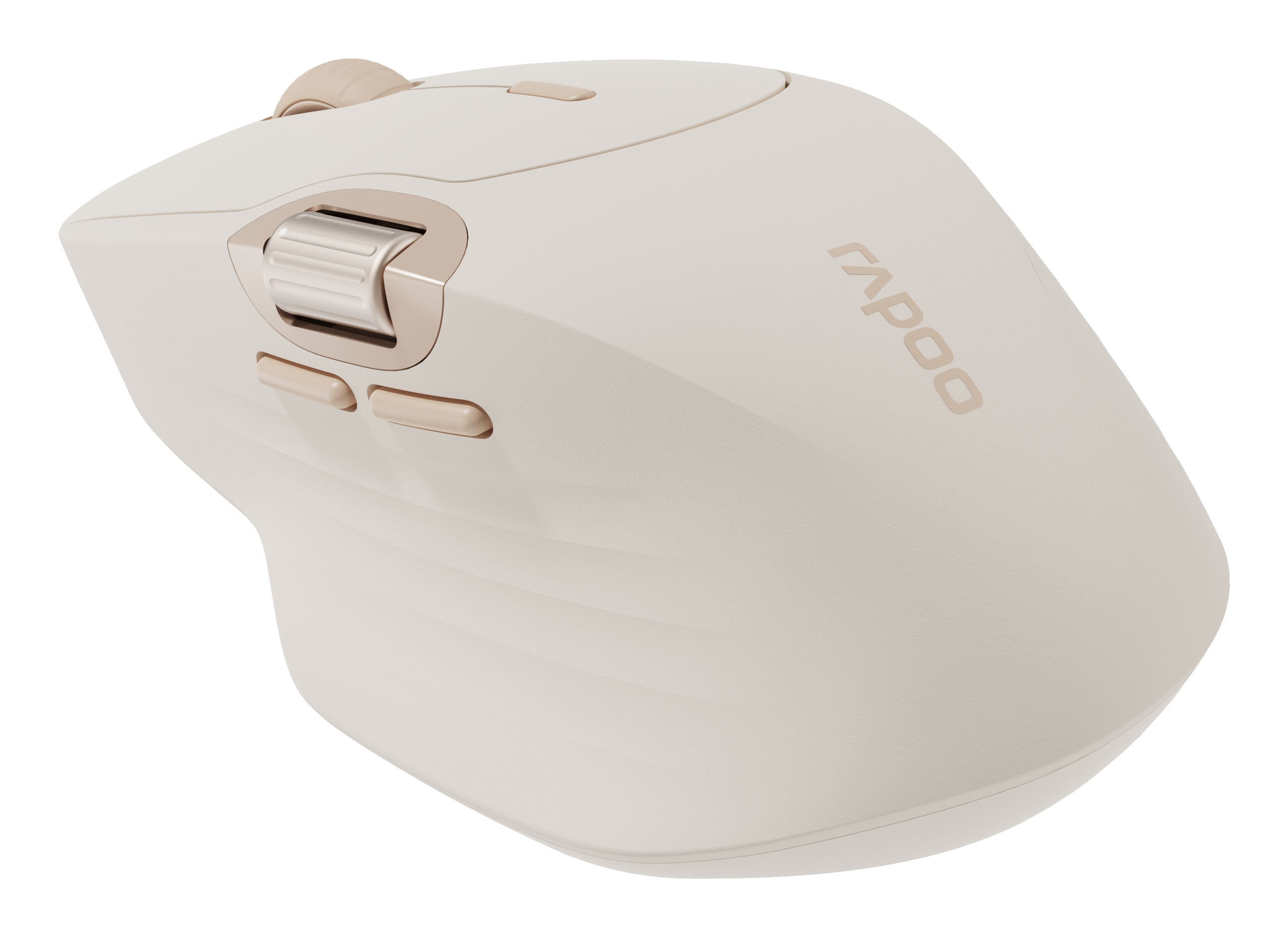 Mouse bianco sporco con pulsanti laterali e rotella di scorrimento. Marchio Rapoo.