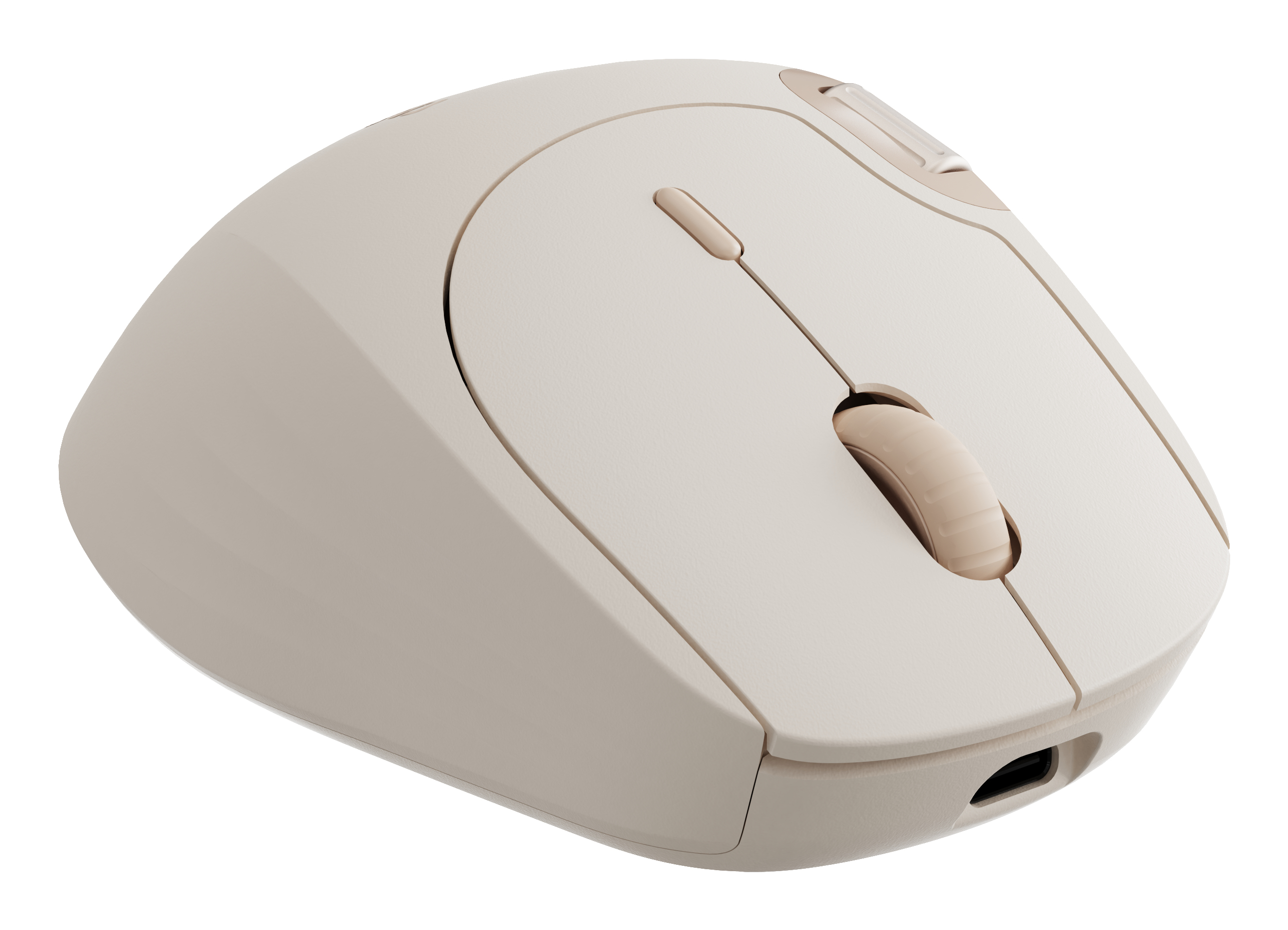 Mouse beige con rotella di scorrimento e pulsanti laterali. Il mouse è angolato per una vista dall'alto.