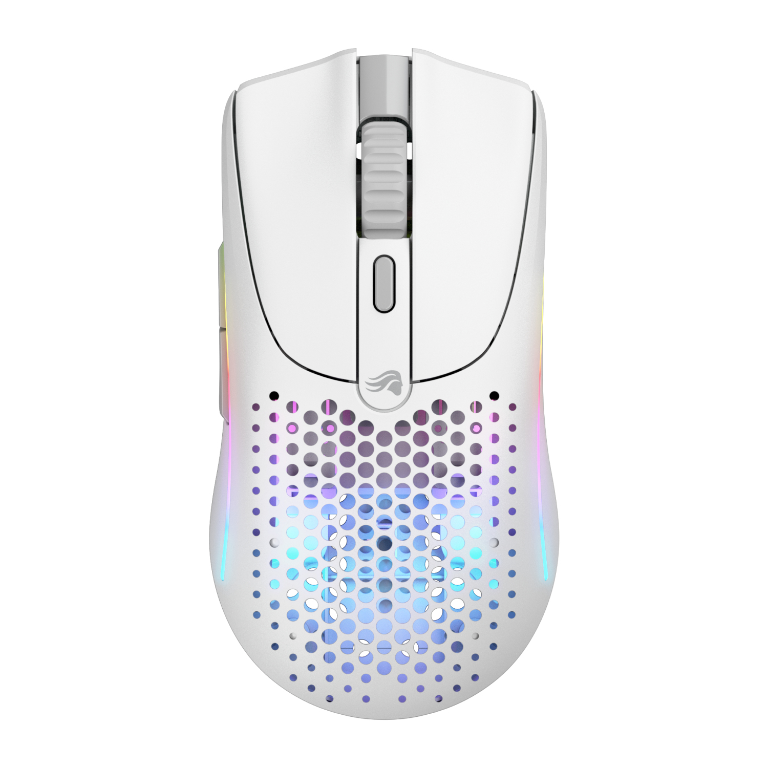 Mouse da gioco bianco con motivo a nido d'ape, illuminazione RGB e rotella. Vista dall'alto.