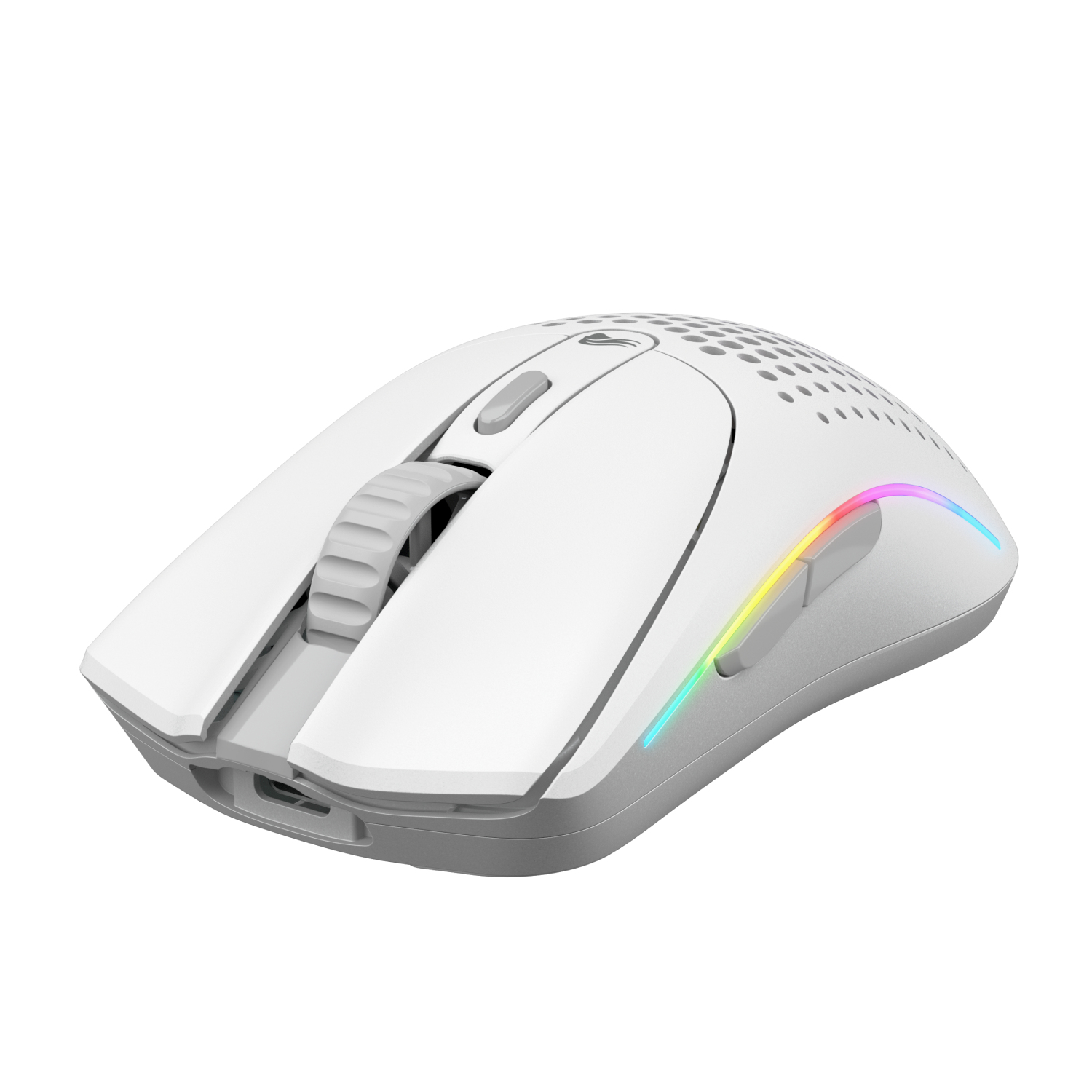 Mouse da gioco bianco con rotella di scorrimento e diversi pulsanti. Ha l'illuminazione RGB sul lato.
